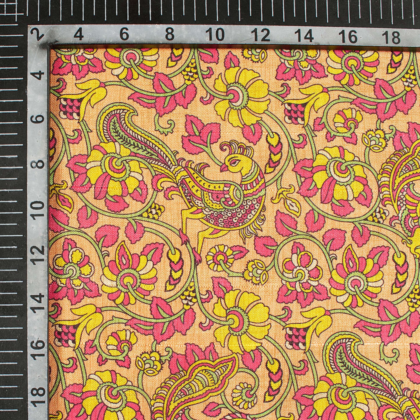 Hot Pink And Yellow Madhubani Pattern Digital Print Art Tusser Silk Fabric