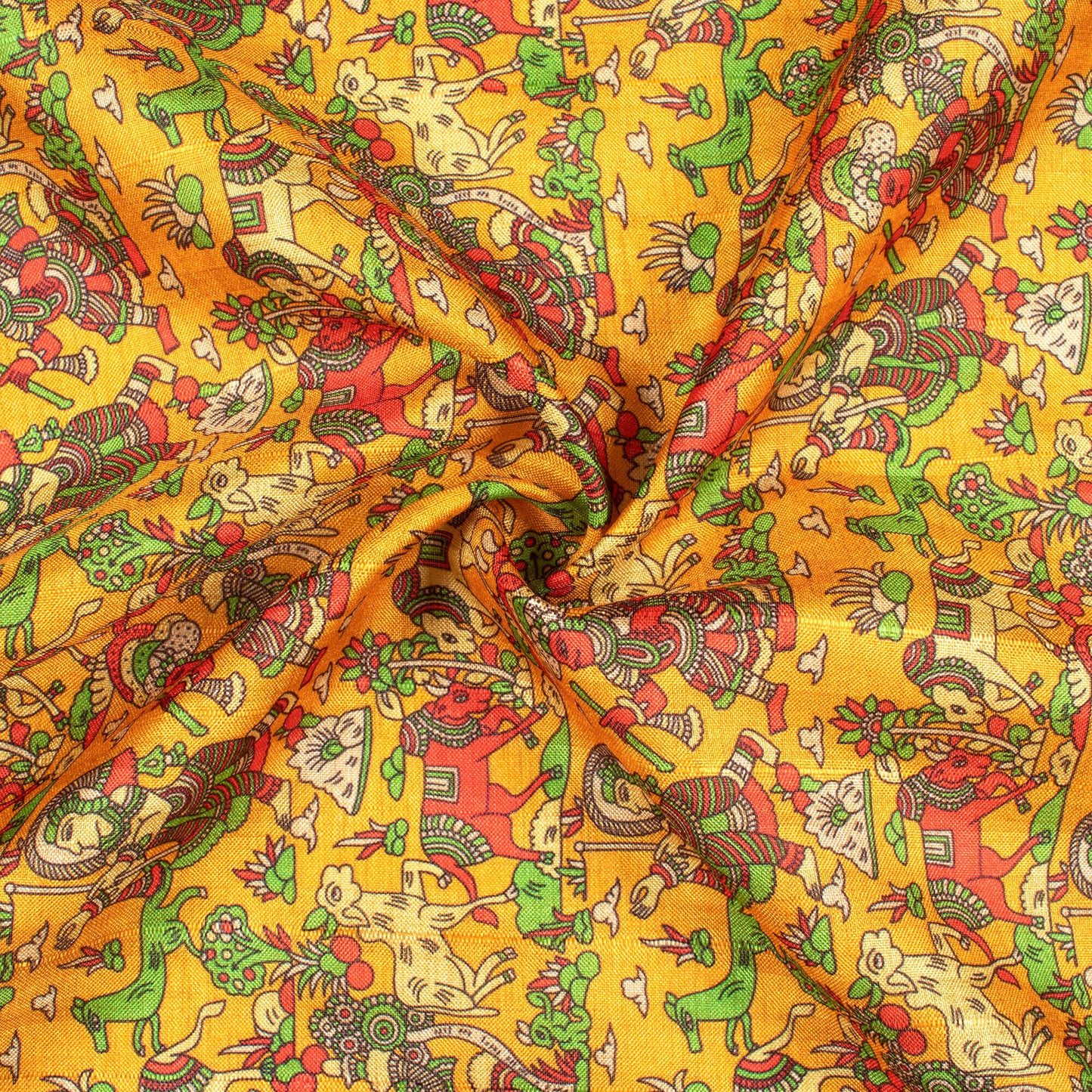 Ochre Yellow And Dark Amber Orange Madhubani Pattern Digital Print Art Tusser Silk Fabric