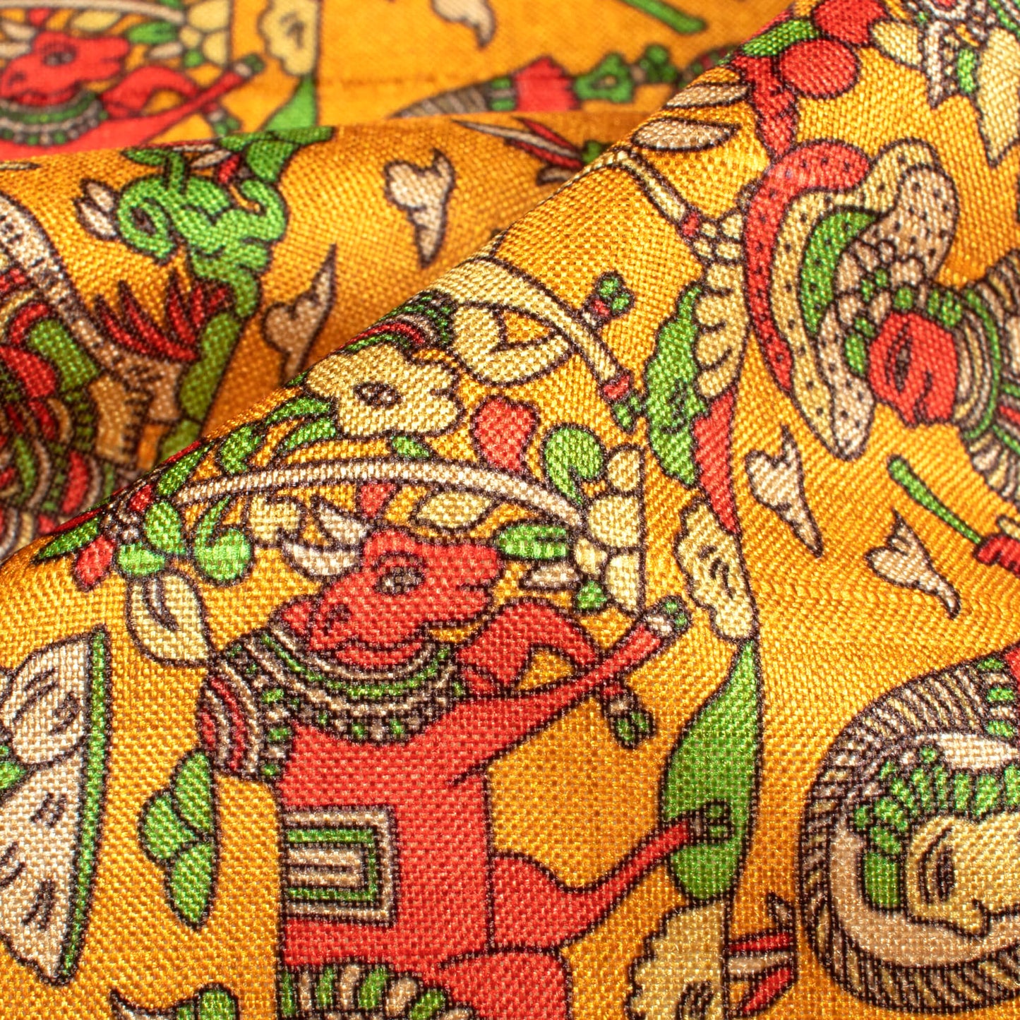 Ochre Yellow And Dark Amber Orange Madhubani Pattern Digital Print Art Tusser Silk Fabric