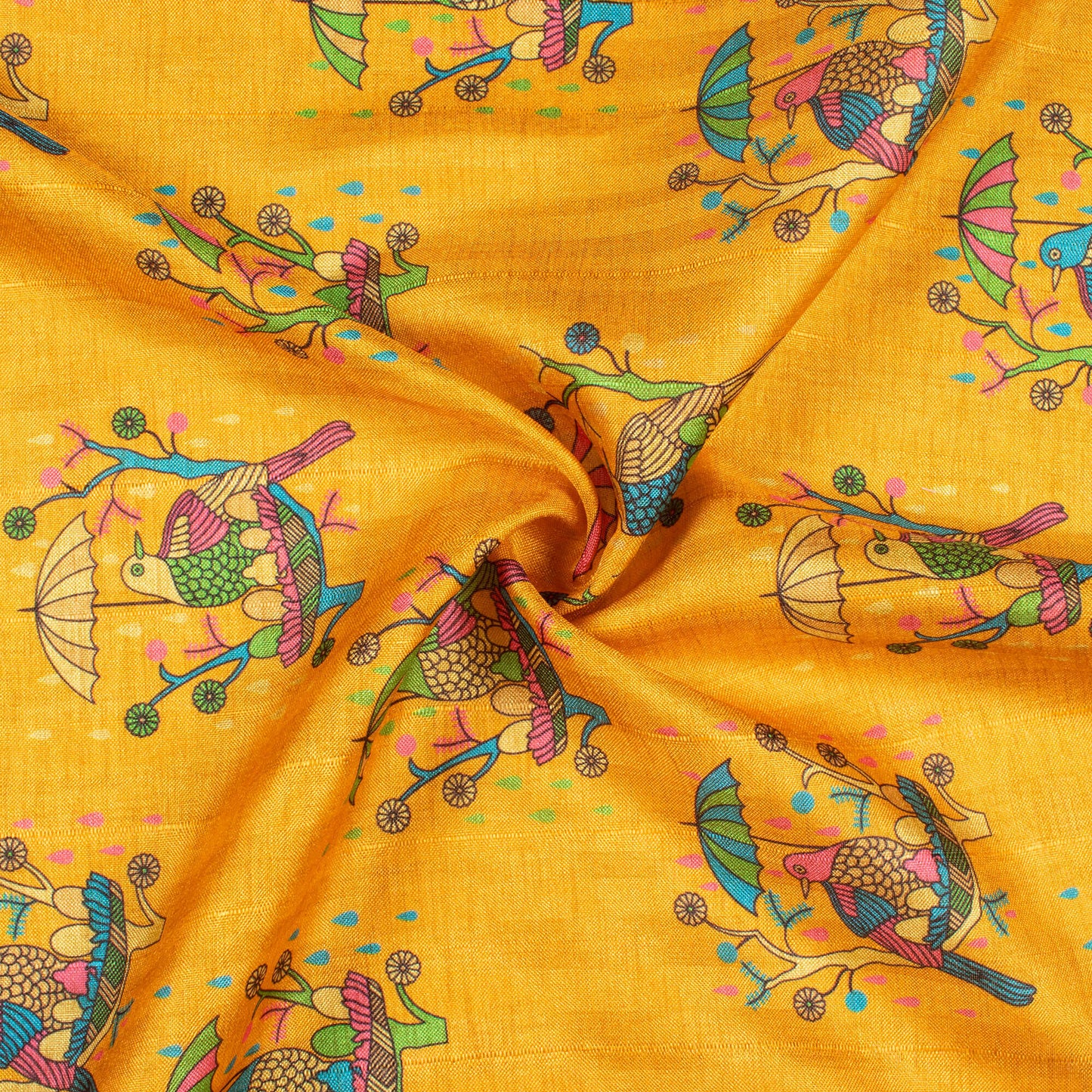 Ochre Yellow And Peacock Blue Madhubani Pattern Digital Print Art Tusser Silk Fabric