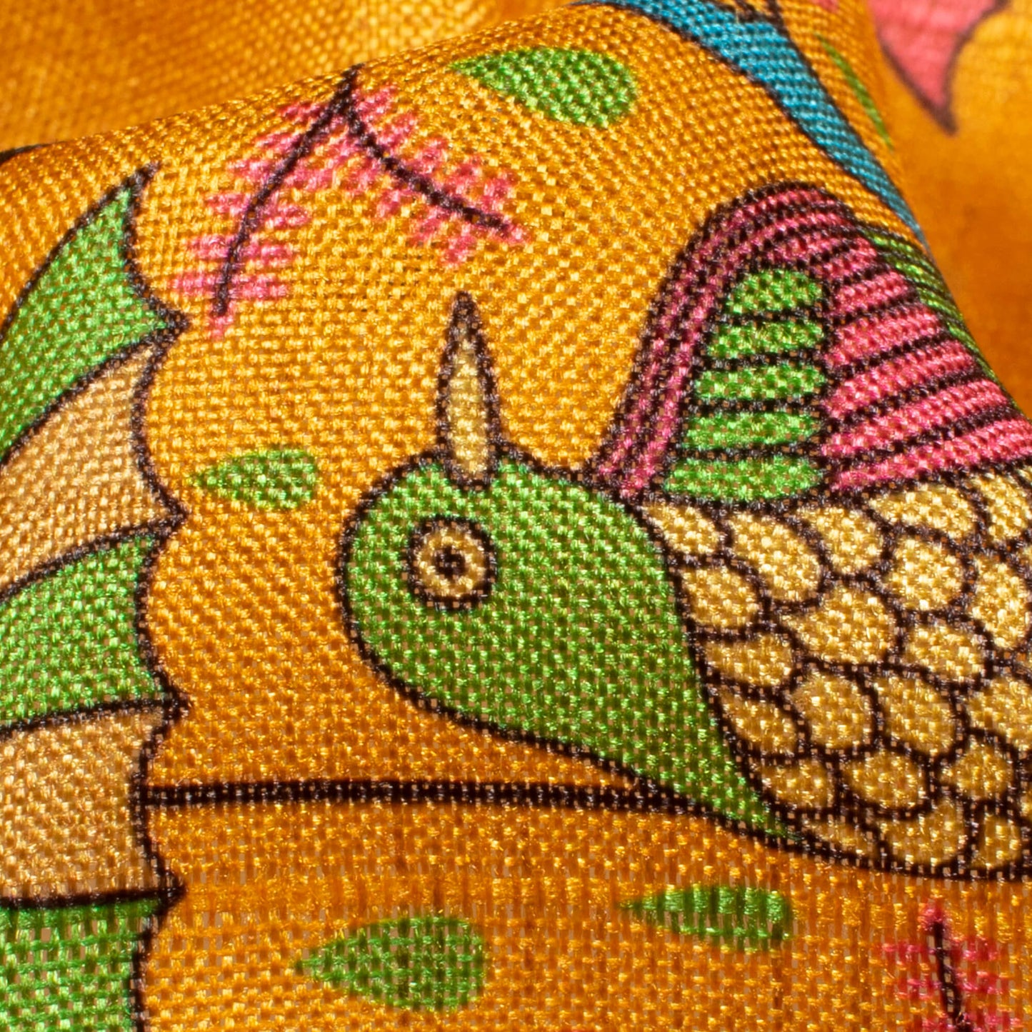 Ochre Yellow And Peacock Blue Madhubani Pattern Digital Print Art Tusser Silk Fabric