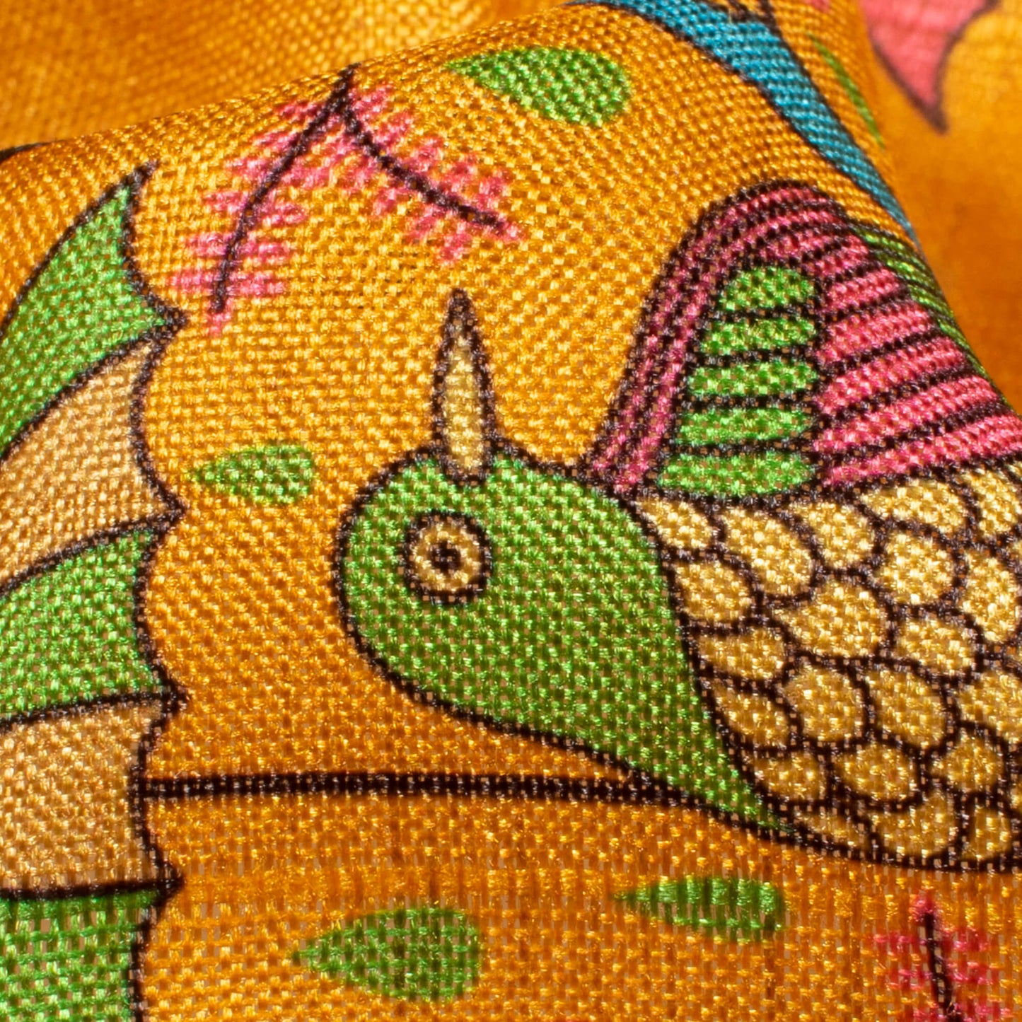 Ochre Yellow And Peacock Blue Madhuvanii Pattern Digital Print Art Tusser Silk Fabric