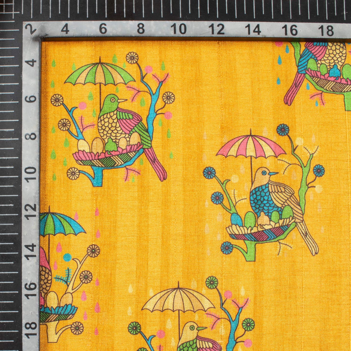 Ochre Yellow And Peacock Blue Madhubani Pattern Digital Print Art Tusser Silk Fabric