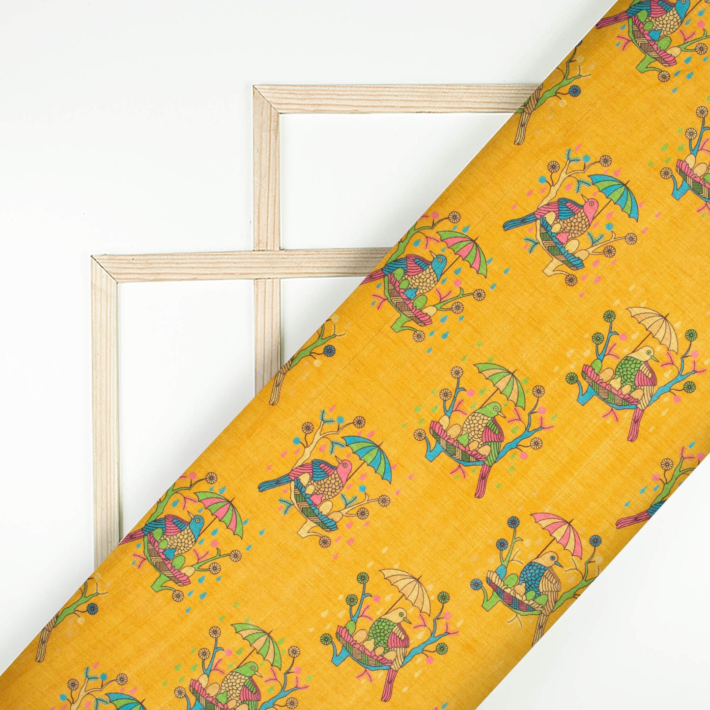 Ochre Yellow And Peacock Blue Madhuvanii Pattern Digital Print Art Tusser Silk Fabric