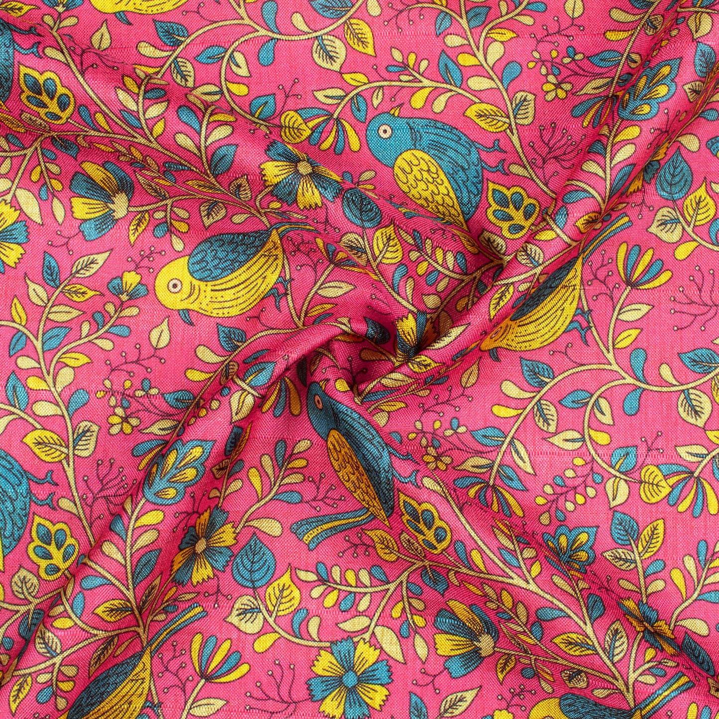 Magenta Pink And Peacock Blue Madhubani Pattern Digital Print Art Tusser Silk Fabric