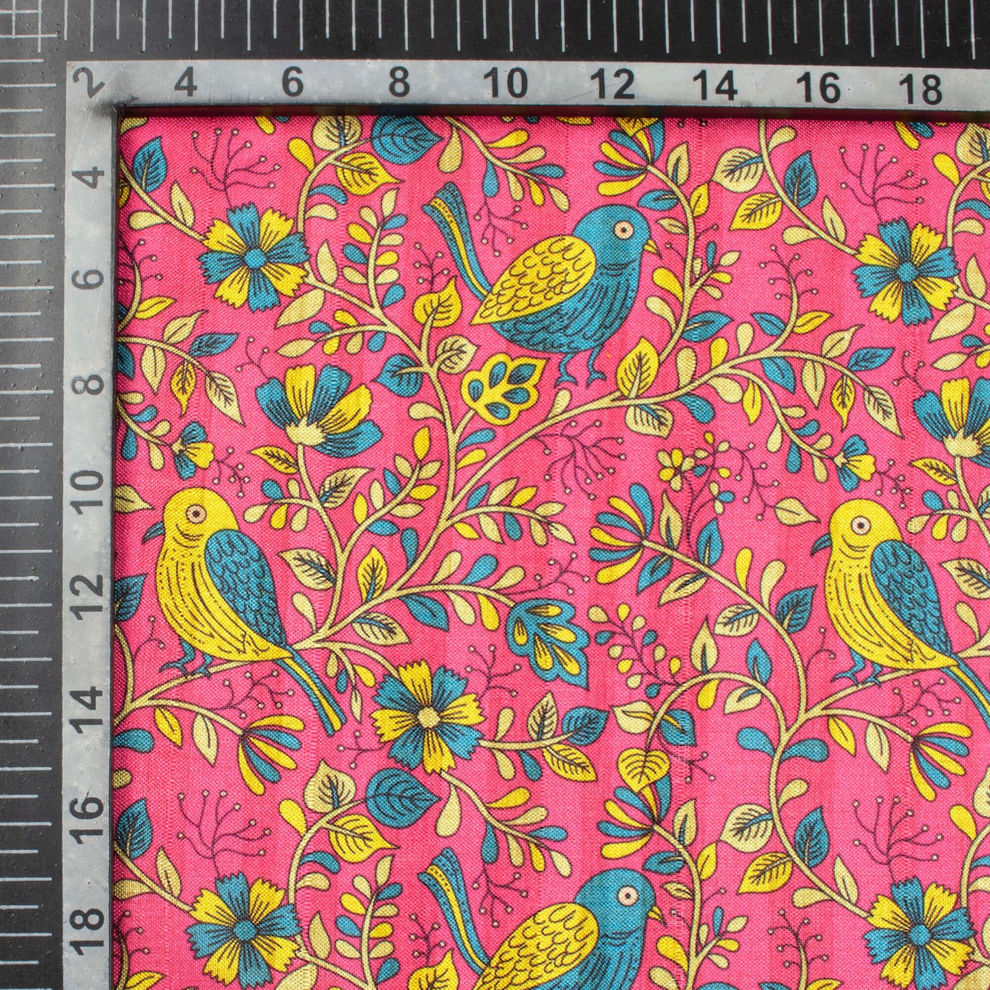 Magenta Pink And Peacock Blue Madhubani Pattern Digital Print Art Tusser Silk Fabric
