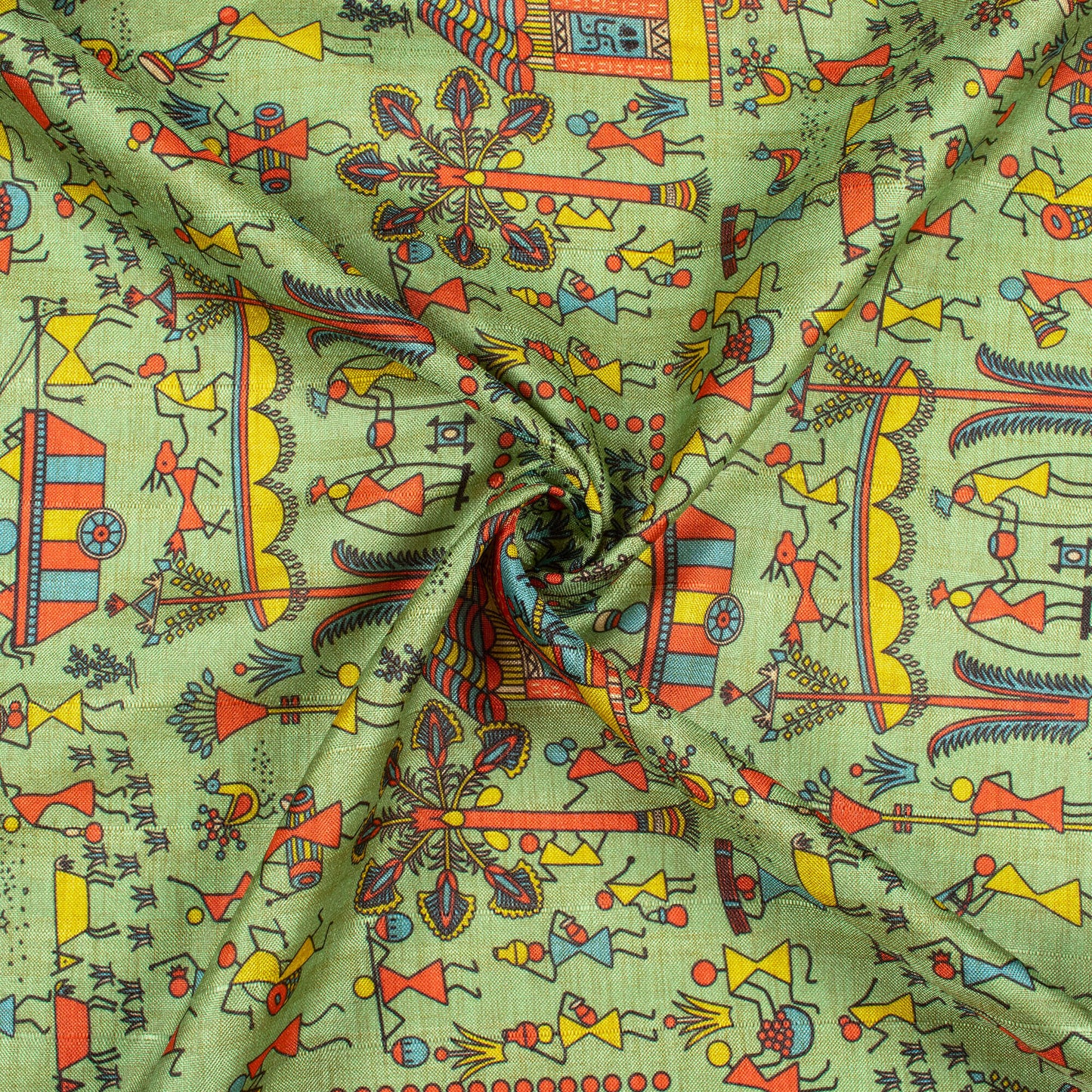 Pistachio Green And Persian Red Madhuvanii Pattern Digital Print Art Tusser Silk Fabric