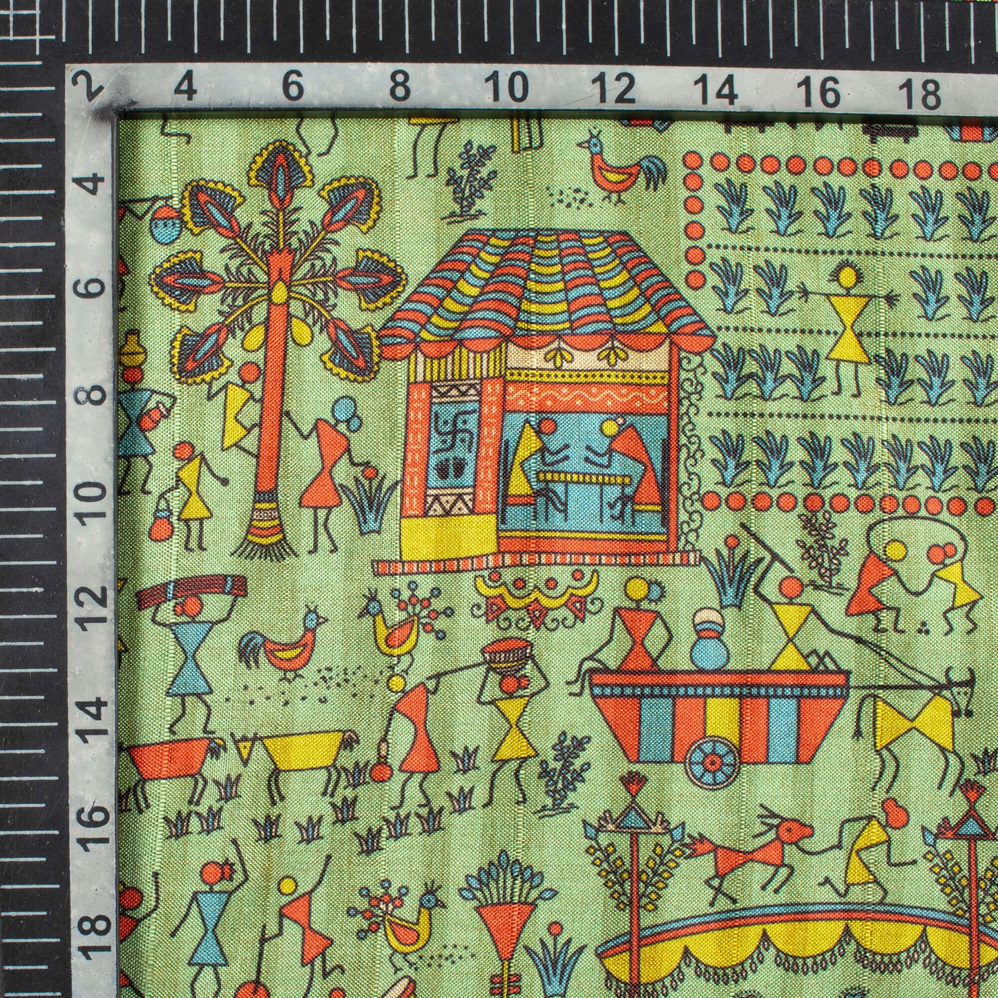Pistachio Green And Persian Red Madhuvanii Pattern Digital Print Art Tusser Silk Fabric