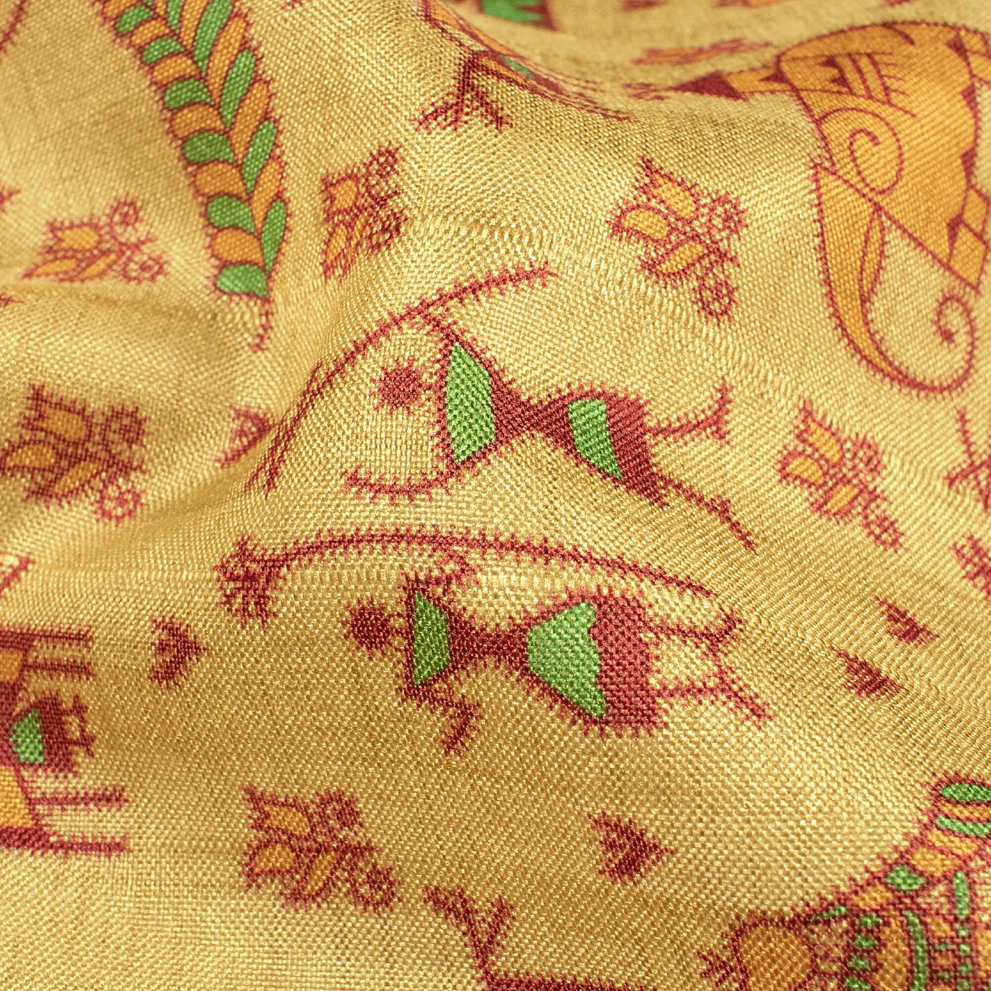 Mellow Yellow And Maroon Madhubani Pattern Digital Print Art Tusser Silk Fabric