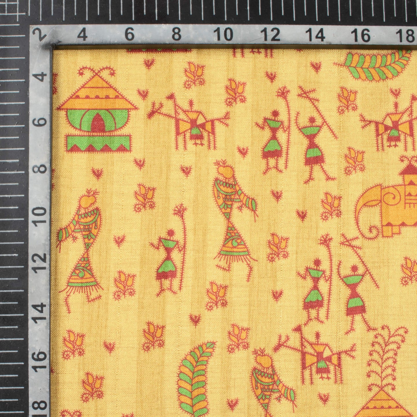 Mellow Yellow And Maroon Madhubani Pattern Digital Print Art Tusser Silk Fabric
