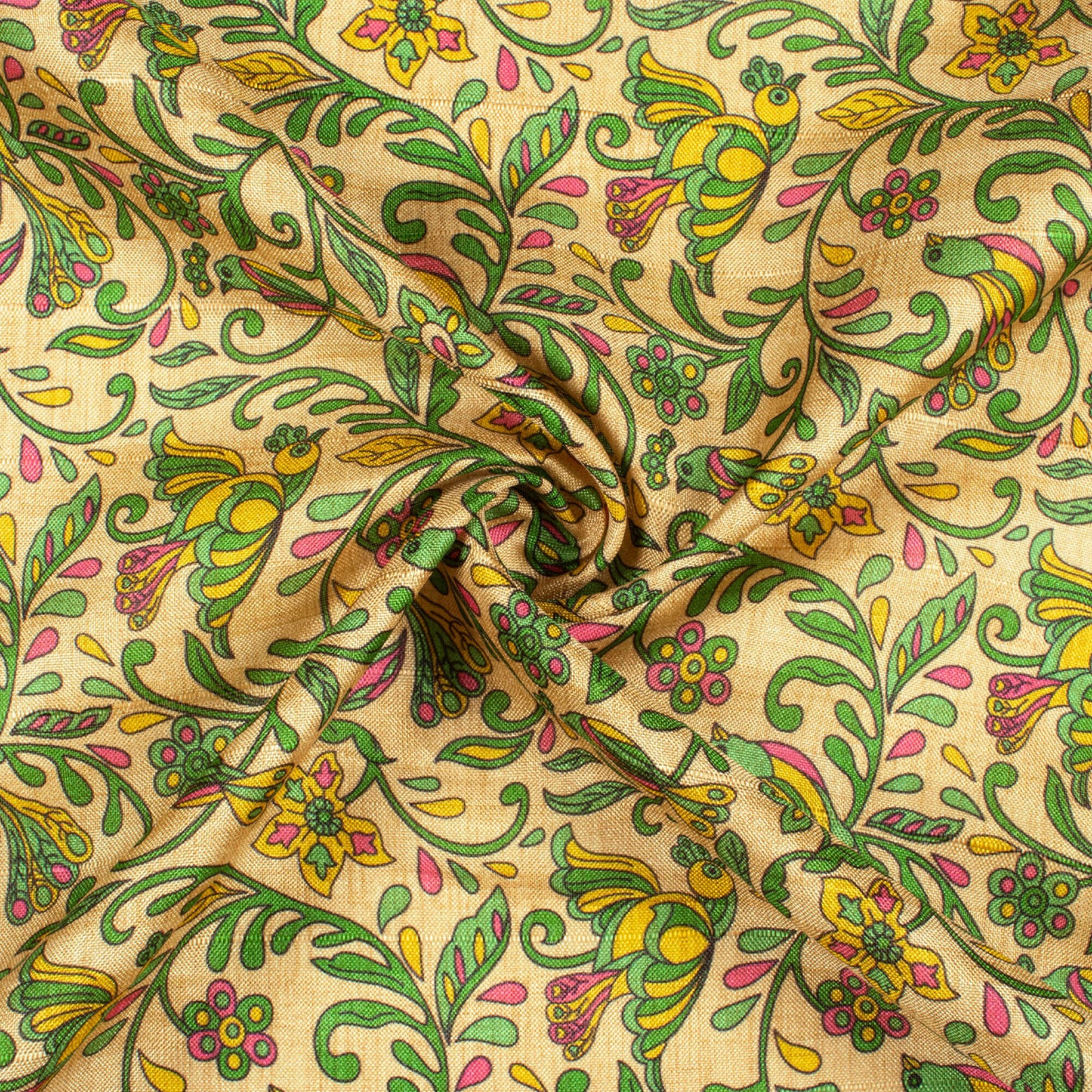 Oat Beige And Forest Green Madhubani Pattern Digital Print Art Tusser Silk Fabric