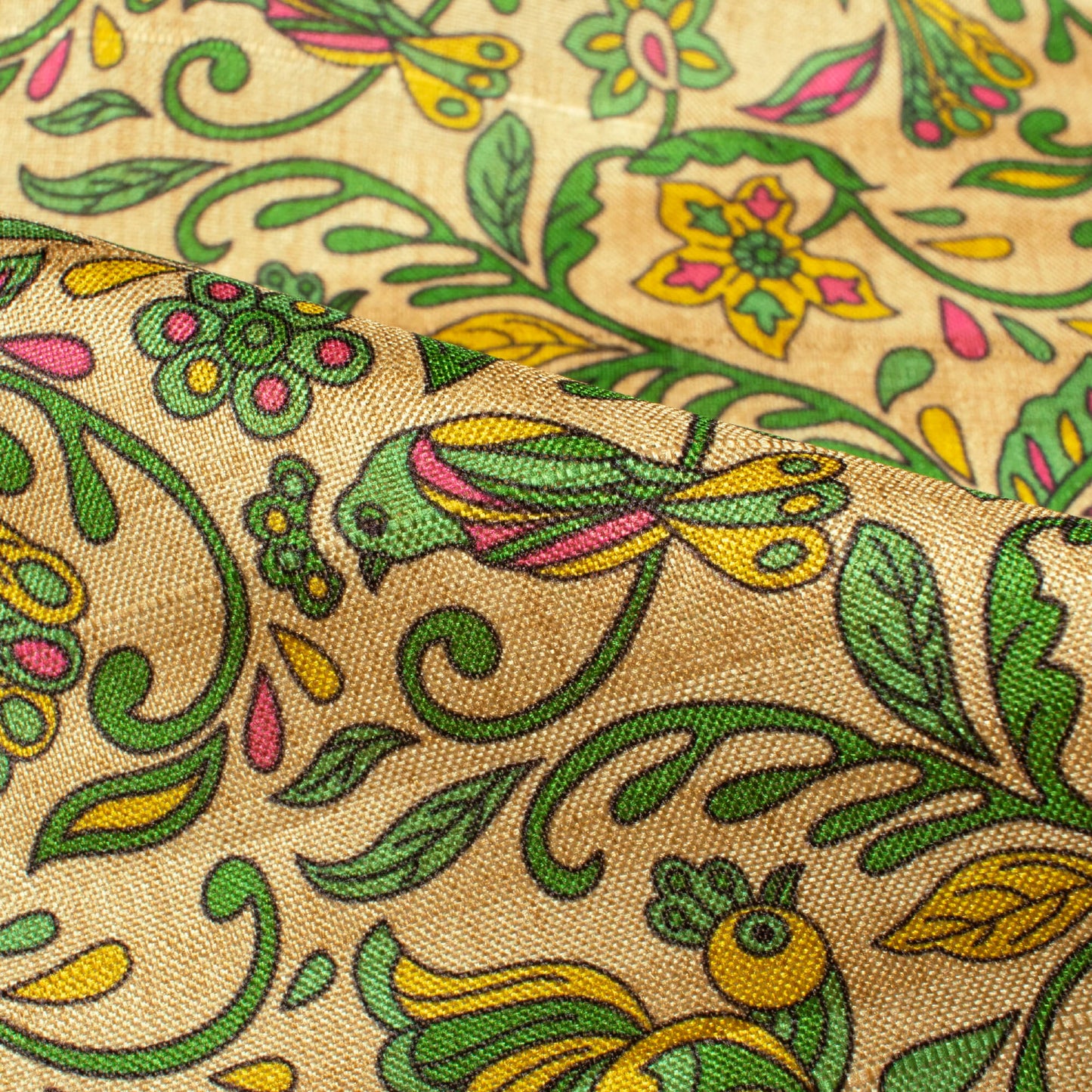 Oat Beige And Forest Green Madhuvanii Pattern Digital Print Art Tusser Silk Fabric
