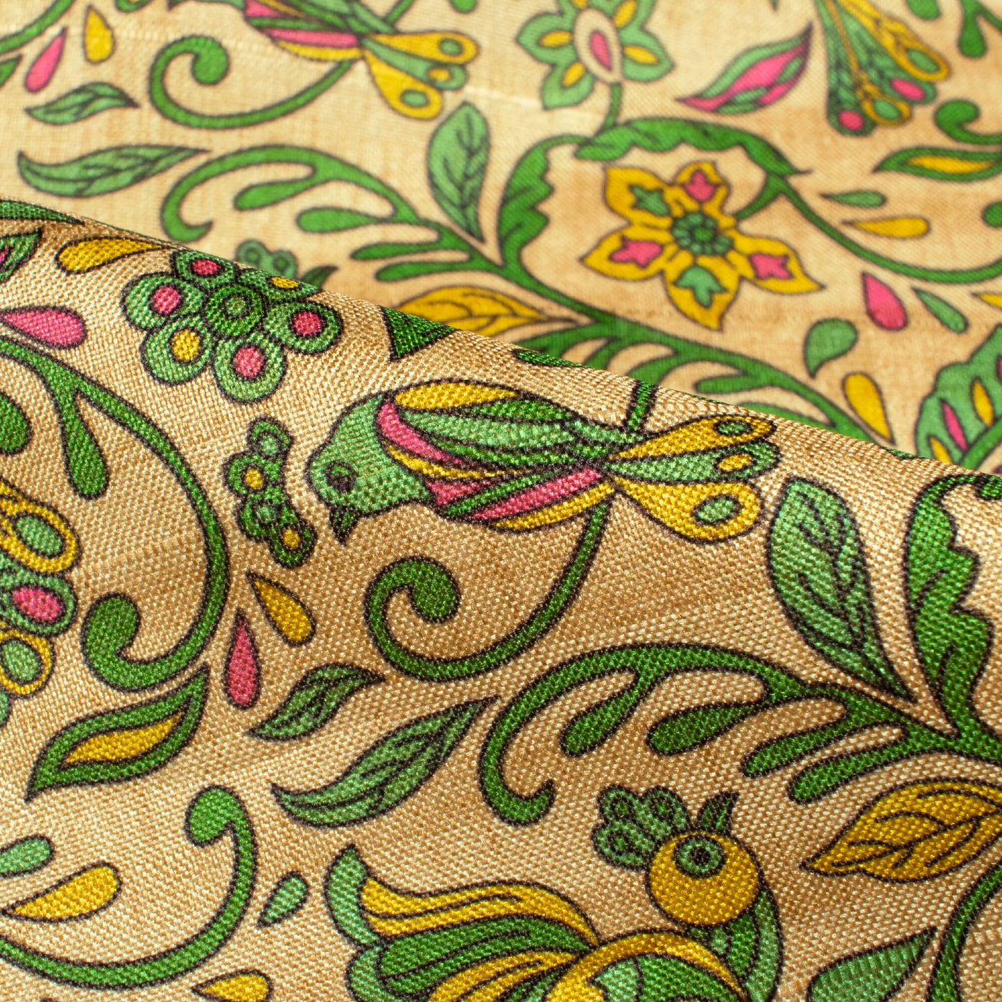 Oat Beige And Forest Green Madhubani Pattern Digital Print Art Tusser Silk Fabric