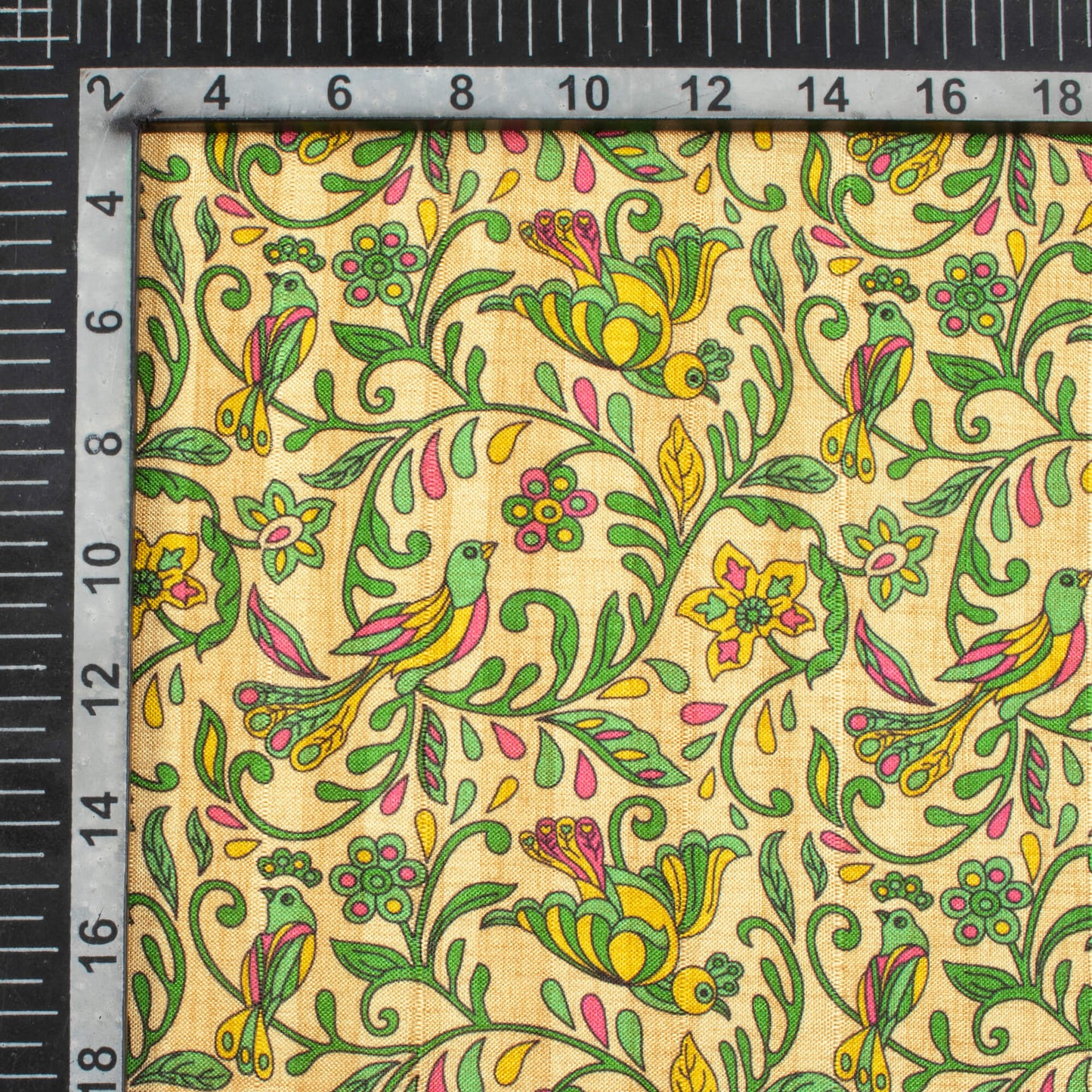 Oat Beige And Forest Green Madhubani Pattern Digital Print Art Tusser Silk Fabric