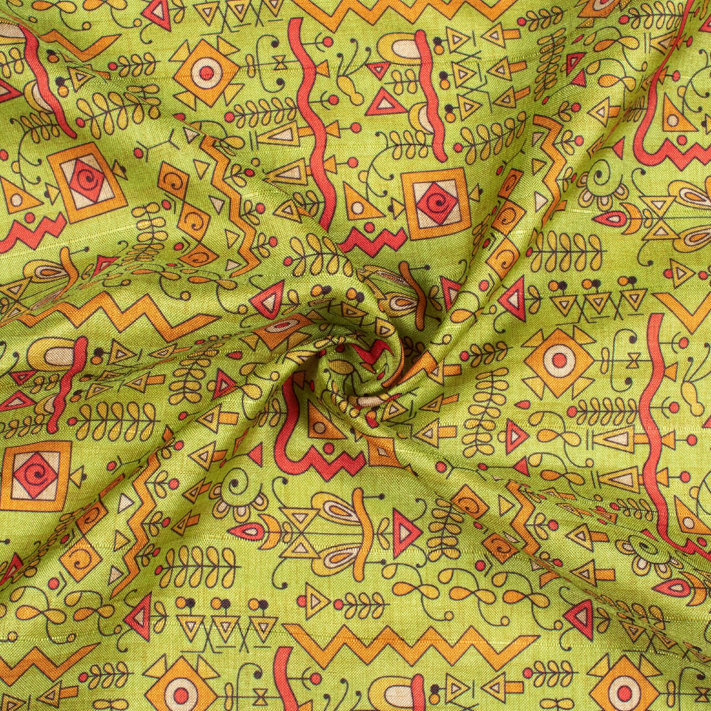 Chartreuse Green And Dark Amber Orange Quirky Pattern Digital Print Art Tusser Silk Fabric