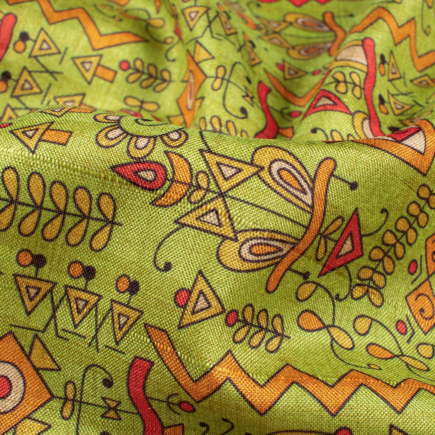 Chartreuse Green And Dark Amber Orange Quirky Pattern Digital Print Art Tusser Silk Fabric