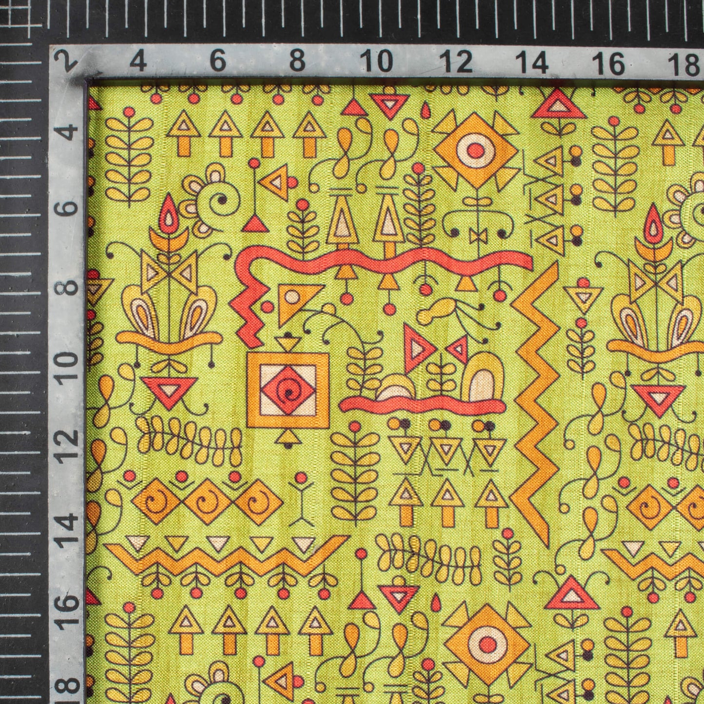 Chartreuse Green And Dark Amber Orange Quirky Pattern Digital Print Art Tusser Silk Fabric