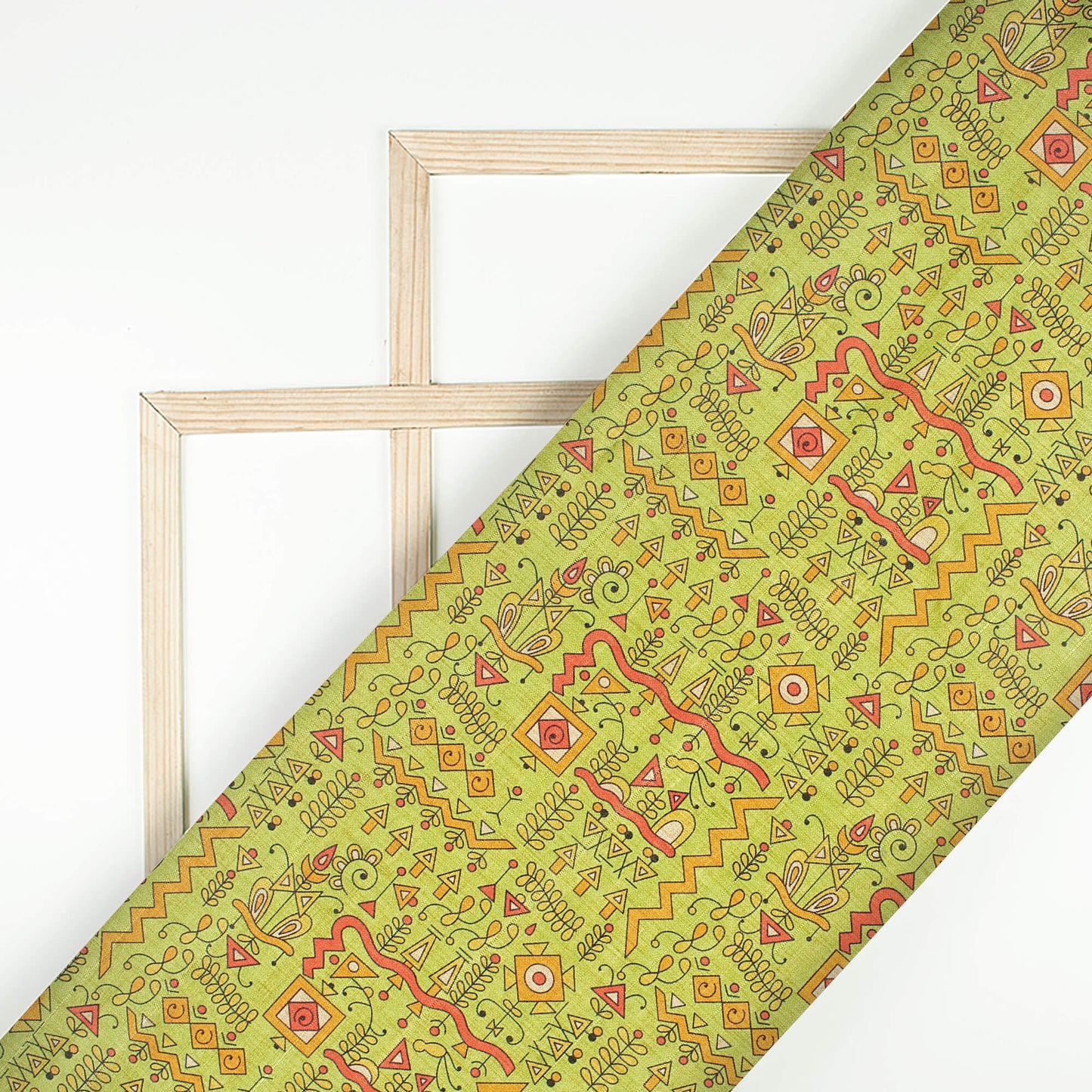 Chartreuse Green And Dark Amber Orange Quirky Pattern Digital Print Art Tusser Silk Fabric