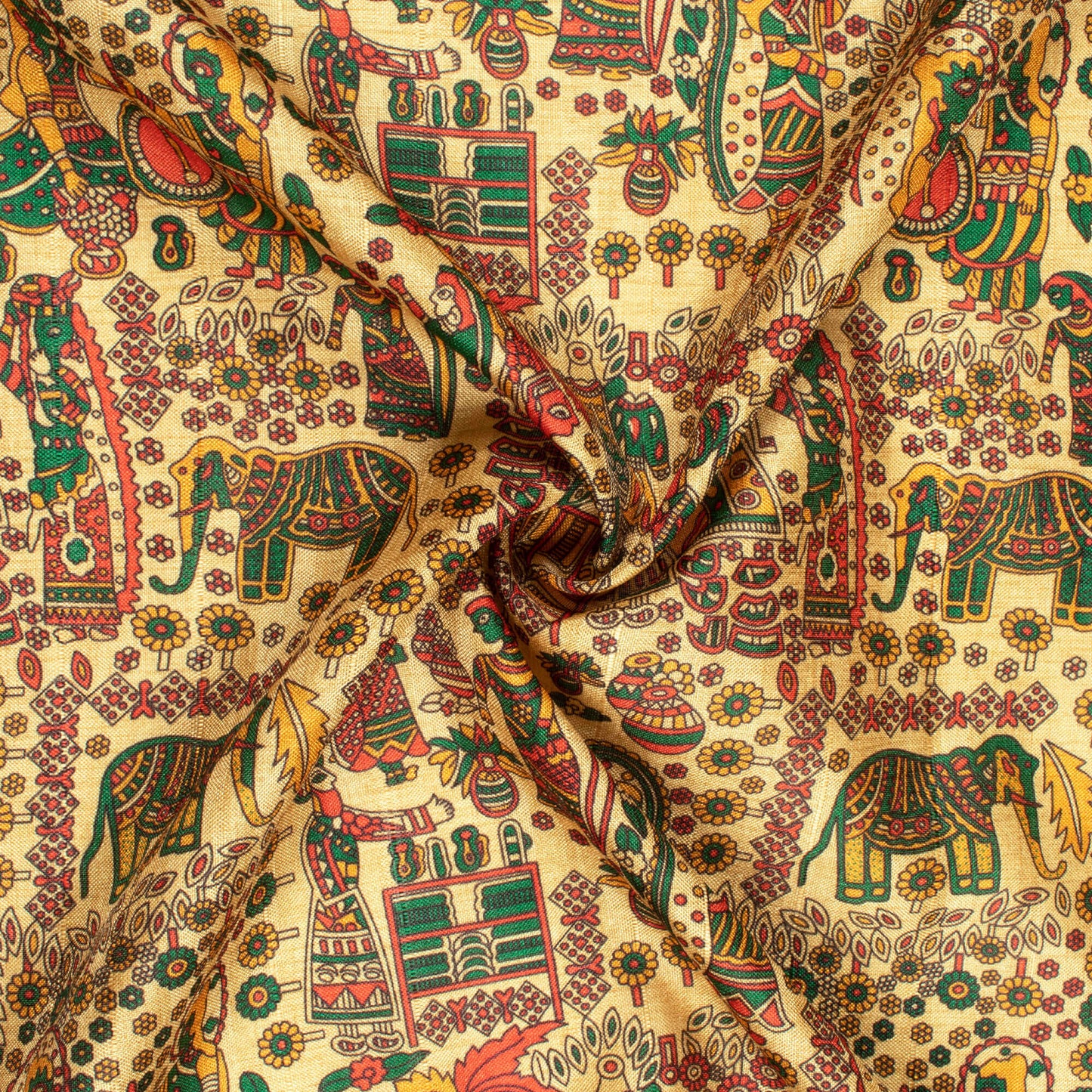 Oat Beige And Bottle Green Madhuvanii Pattern Digital Print Art Tusser Silk Fabric