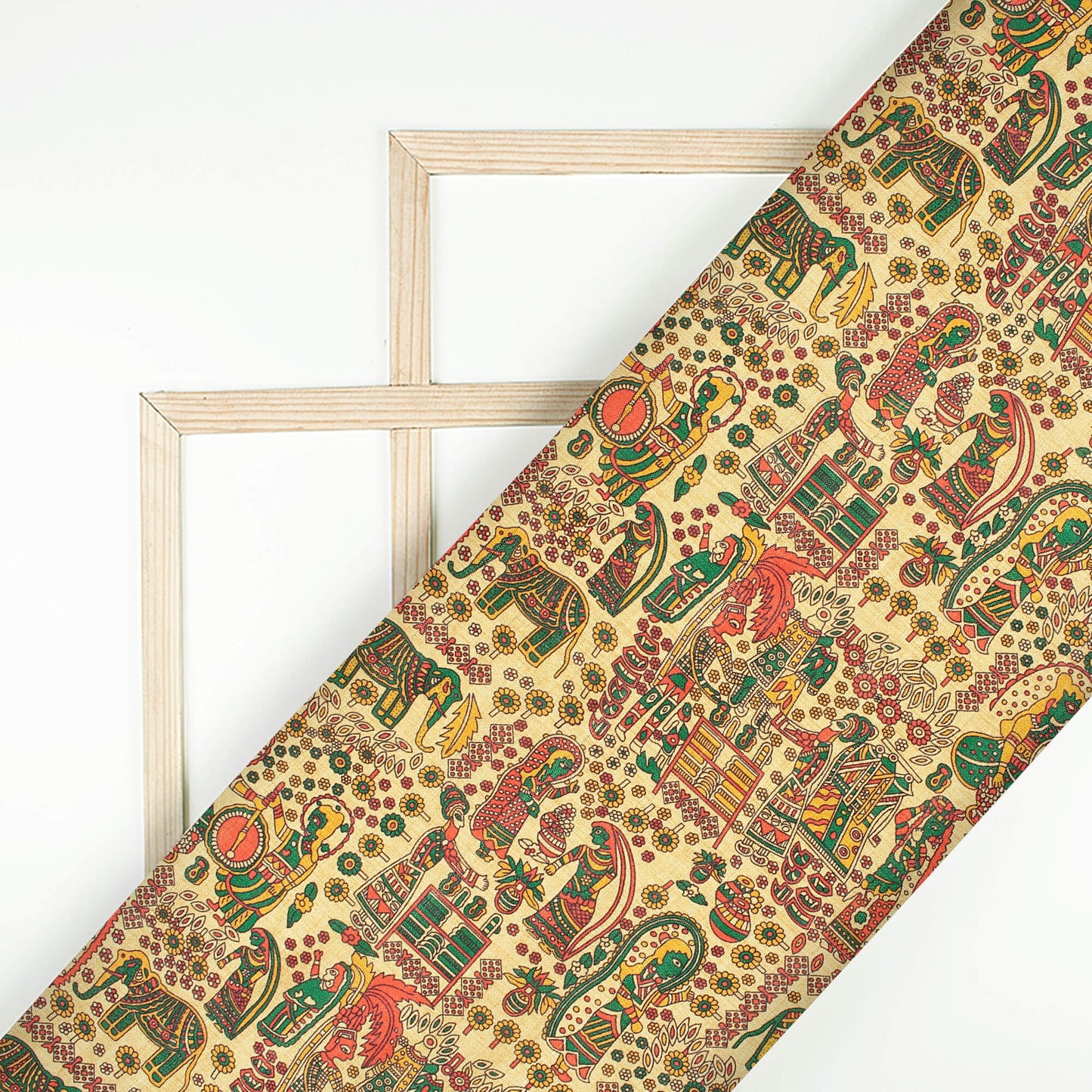 Oat Beige And Bottle Green Madhuvanii Pattern Digital Print Art Tusser Silk Fabric