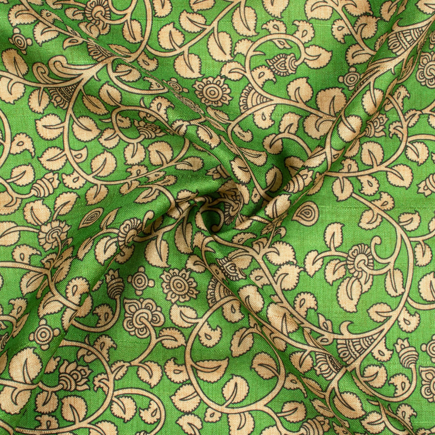 Forest Green And Off White Kalamkrii Pattern Digital Print Art Tusser Silk Fabric