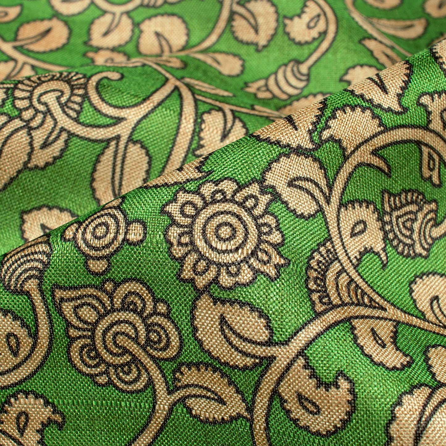Forest Green And Off White Kalamkrii Pattern Digital Print Art Tusser Silk Fabric