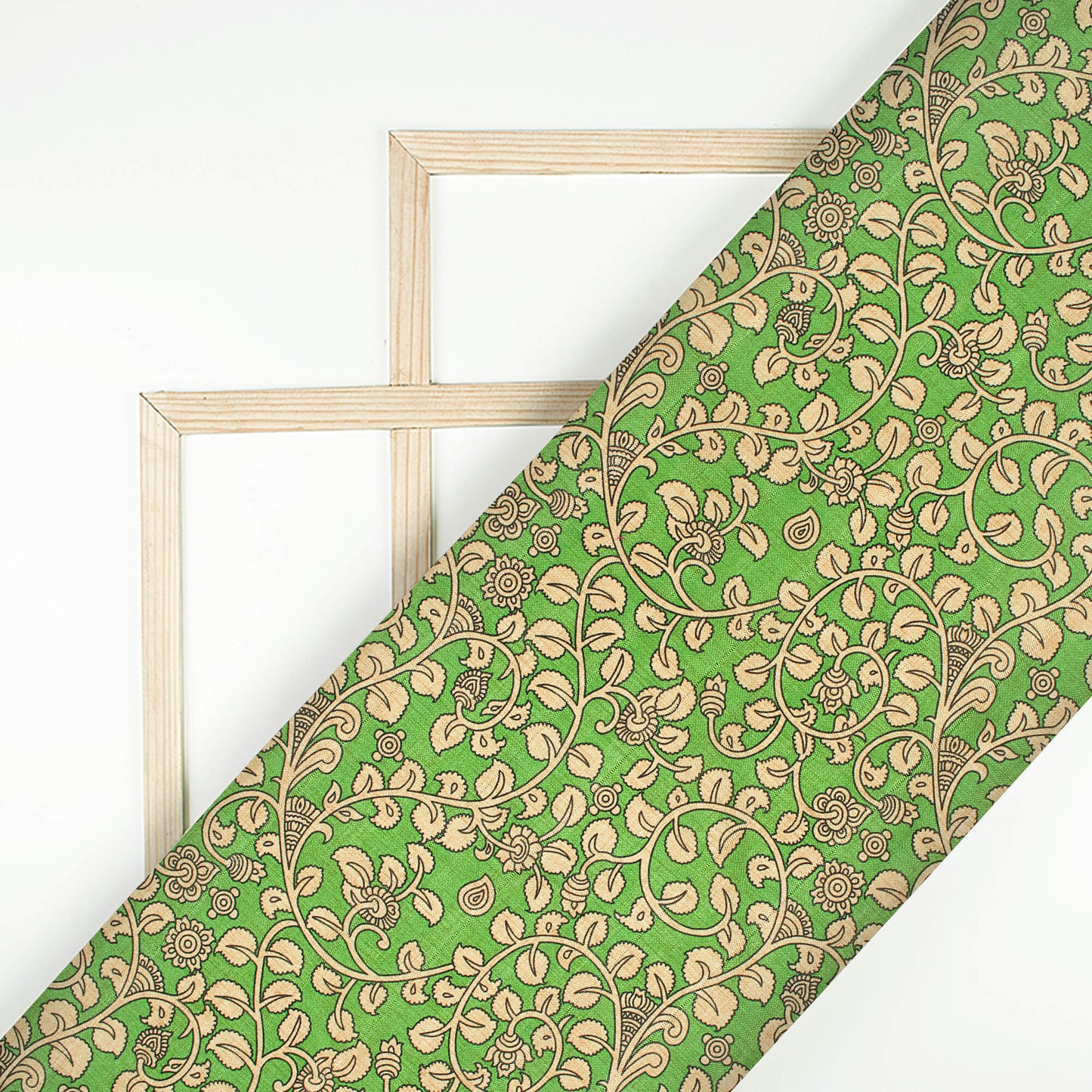 Forest Green And Off White Kalamkrii Pattern Digital Print Art Tusser Silk Fabric
