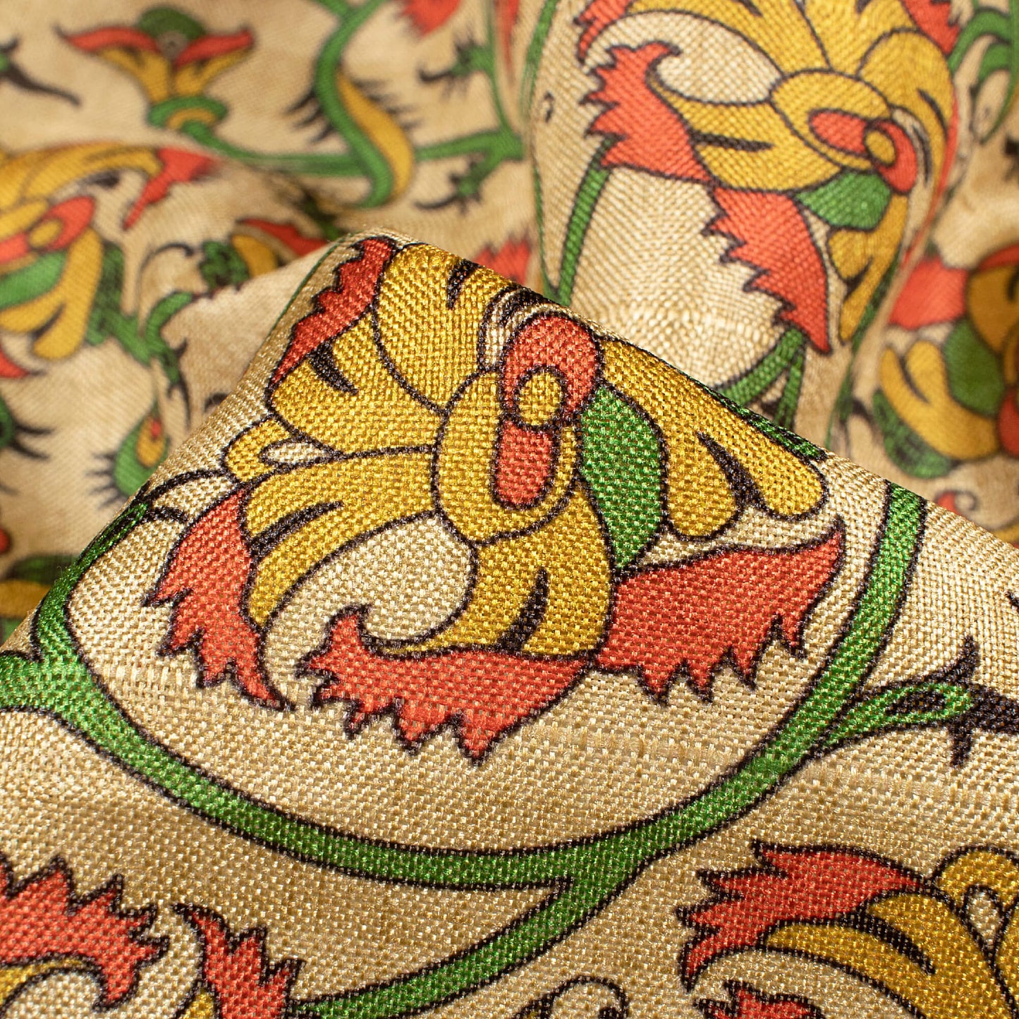 Beige And Mustard Yellow Floral Pattern Digital Print Art Tusser Silk Fabric