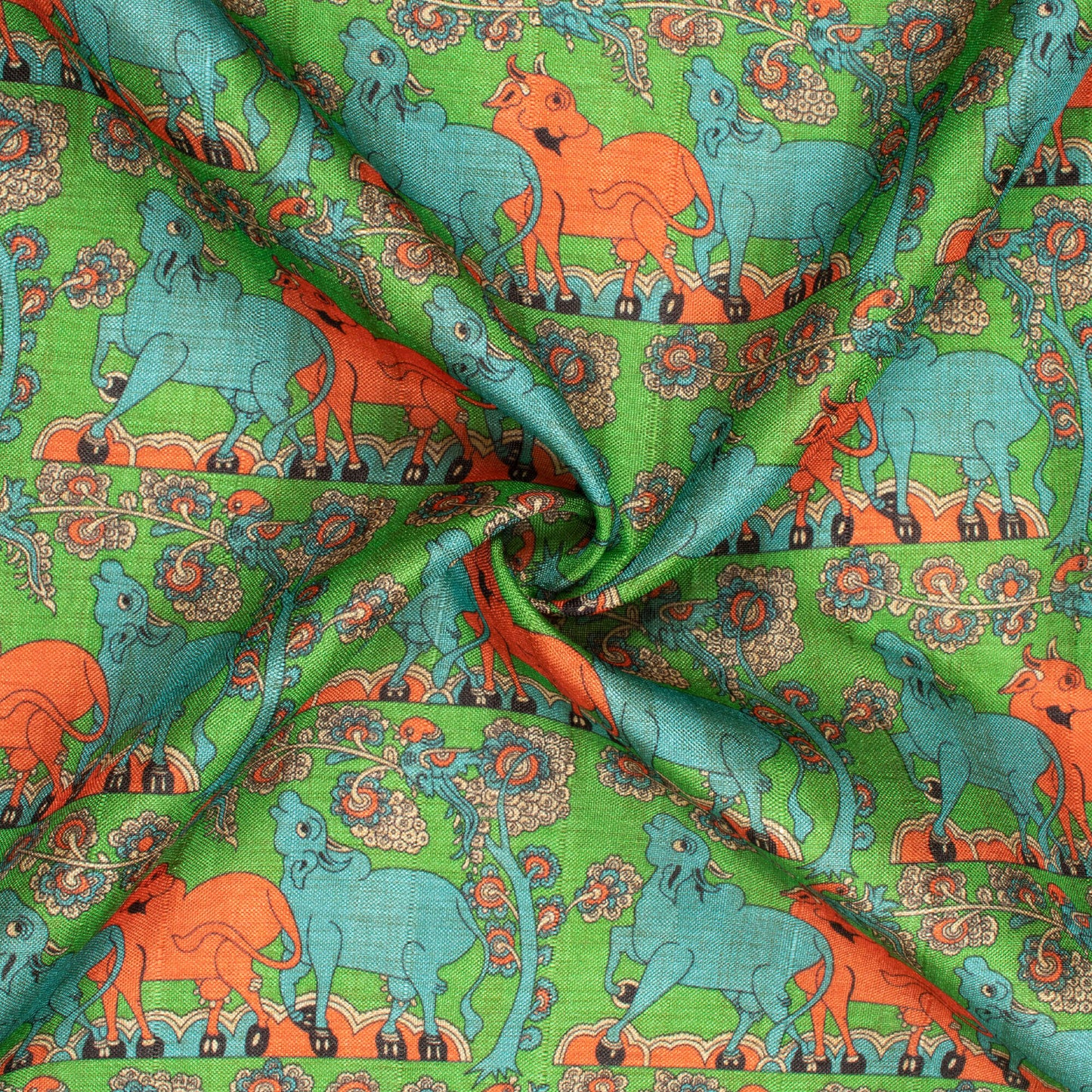 Emerald Green And Slate Blue Animal Pattern Digital Print Art Tusser Silk Fabric