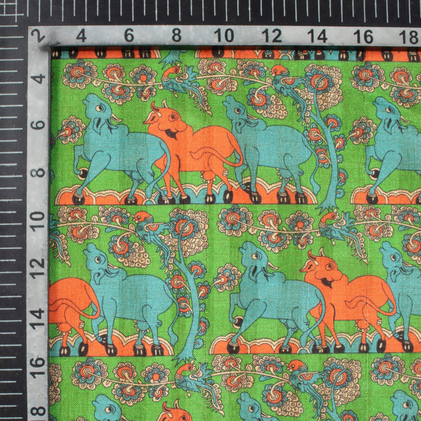 Emerald Green And Slate Blue Animal Pattern Digital Print Art Tusser Silk Fabric