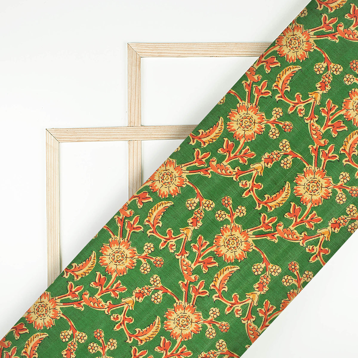 Forest Green And Dark Orange Floral Pattern Digital Print Art Tusser Silk Fabric