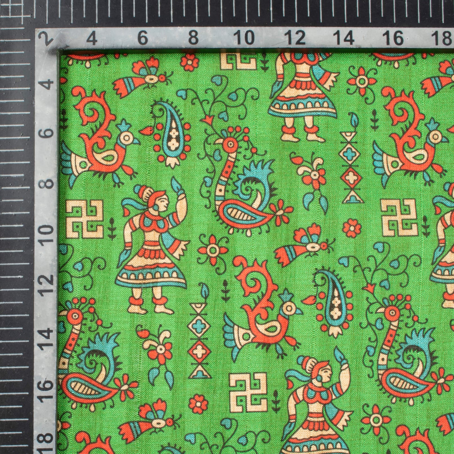 Forest Green And Orange Madhubani Pattern Digital Print Art Tusser Silk Fabric