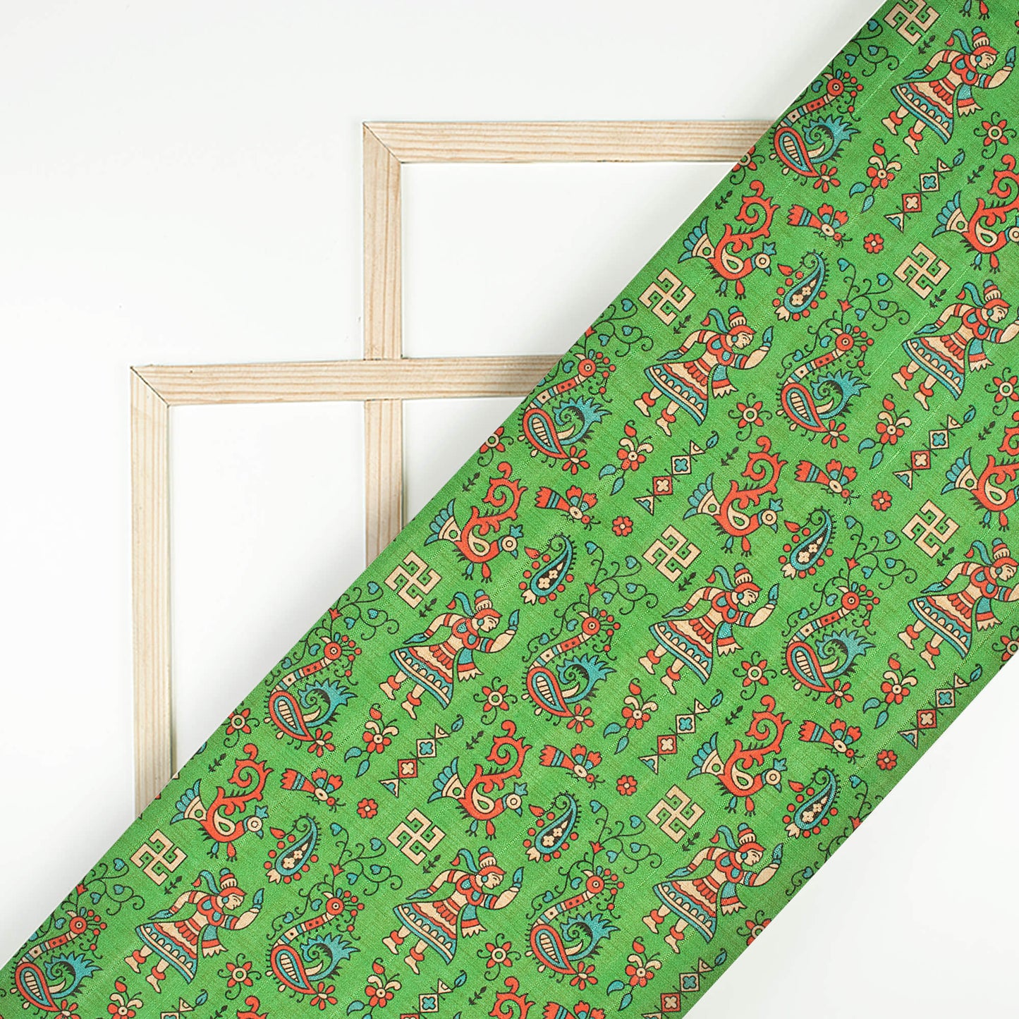 Forest Green And Orange Madhuvanii Pattern Digital Print Art Tusser Silk Fabric