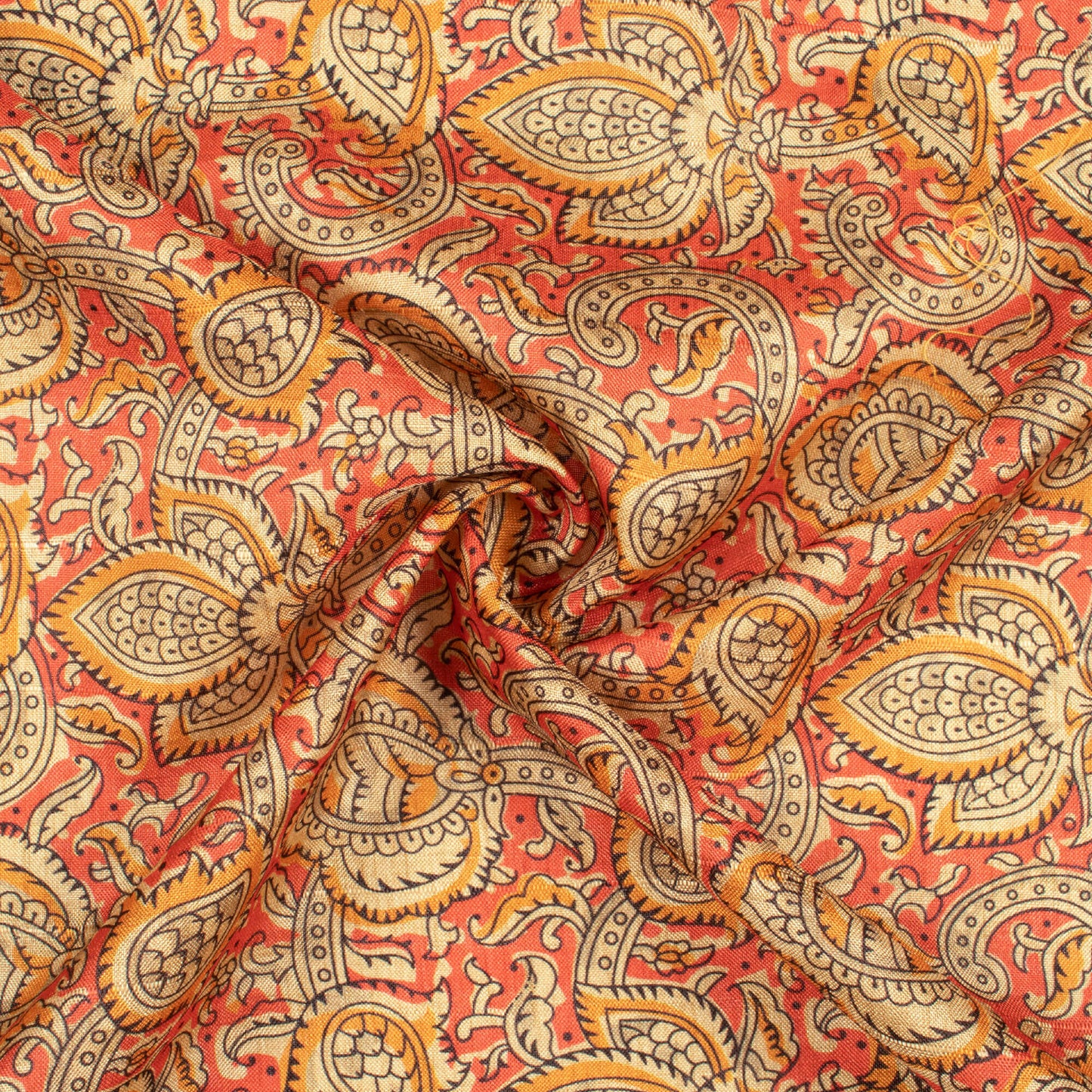 Vermilion Orange And Beige Paisley Pattern Digital Print Art Tusser Silk Fabric