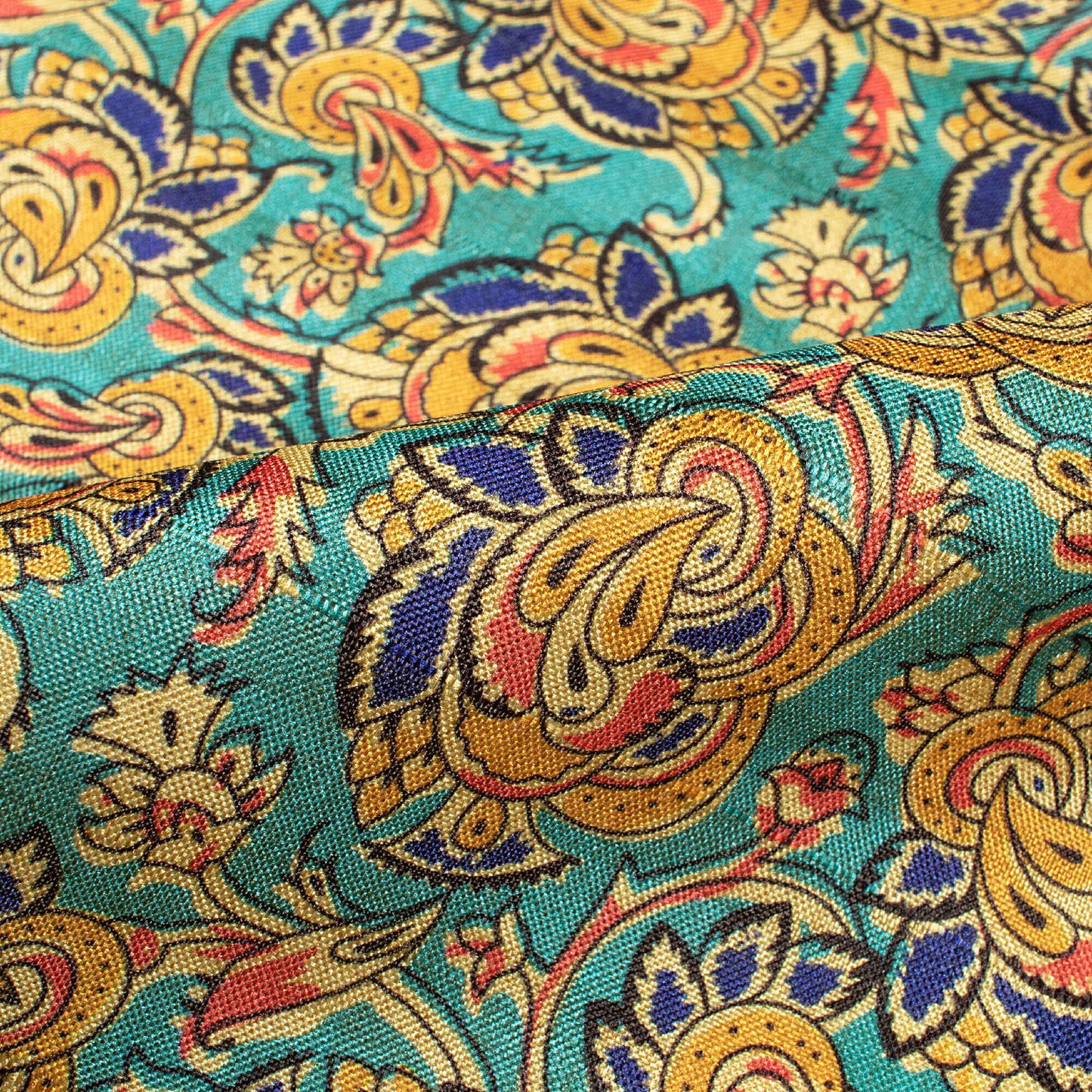Teal Blue And Ochre Yellow Floral Pattern Digital Print Art Tusser Silk Fabric
