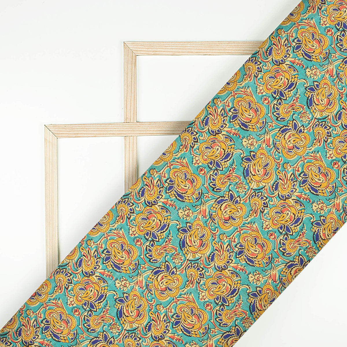 Teal Blue And Ochre Yellow Floral Pattern Digital Print Art Tusser Silk Fabric