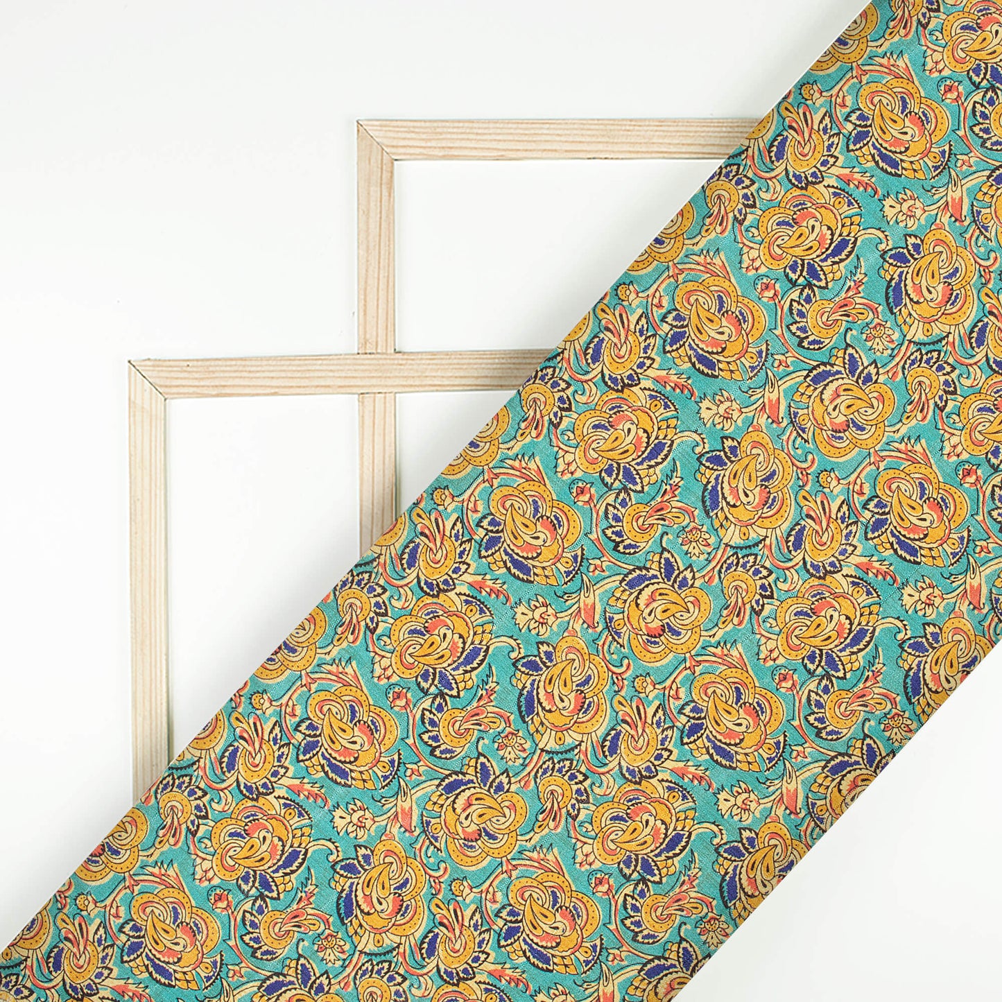 Teal Blue And Ochre Yellow Floral Pattern Digital Print Art Tusser Silk Fabric