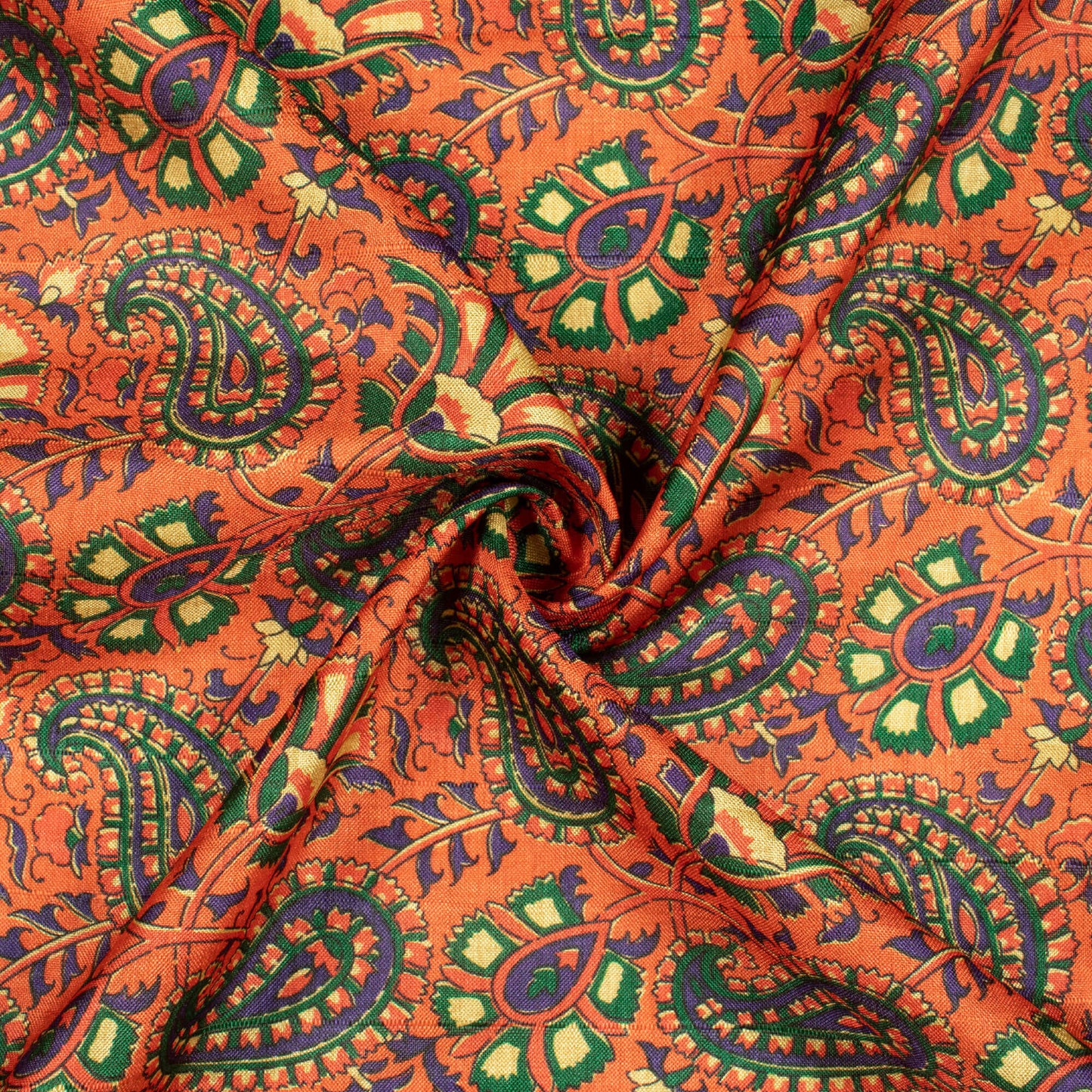 Burnt Orange And Dark Green Paisley Pattern Digital Print Art Tusser Silk Fabric