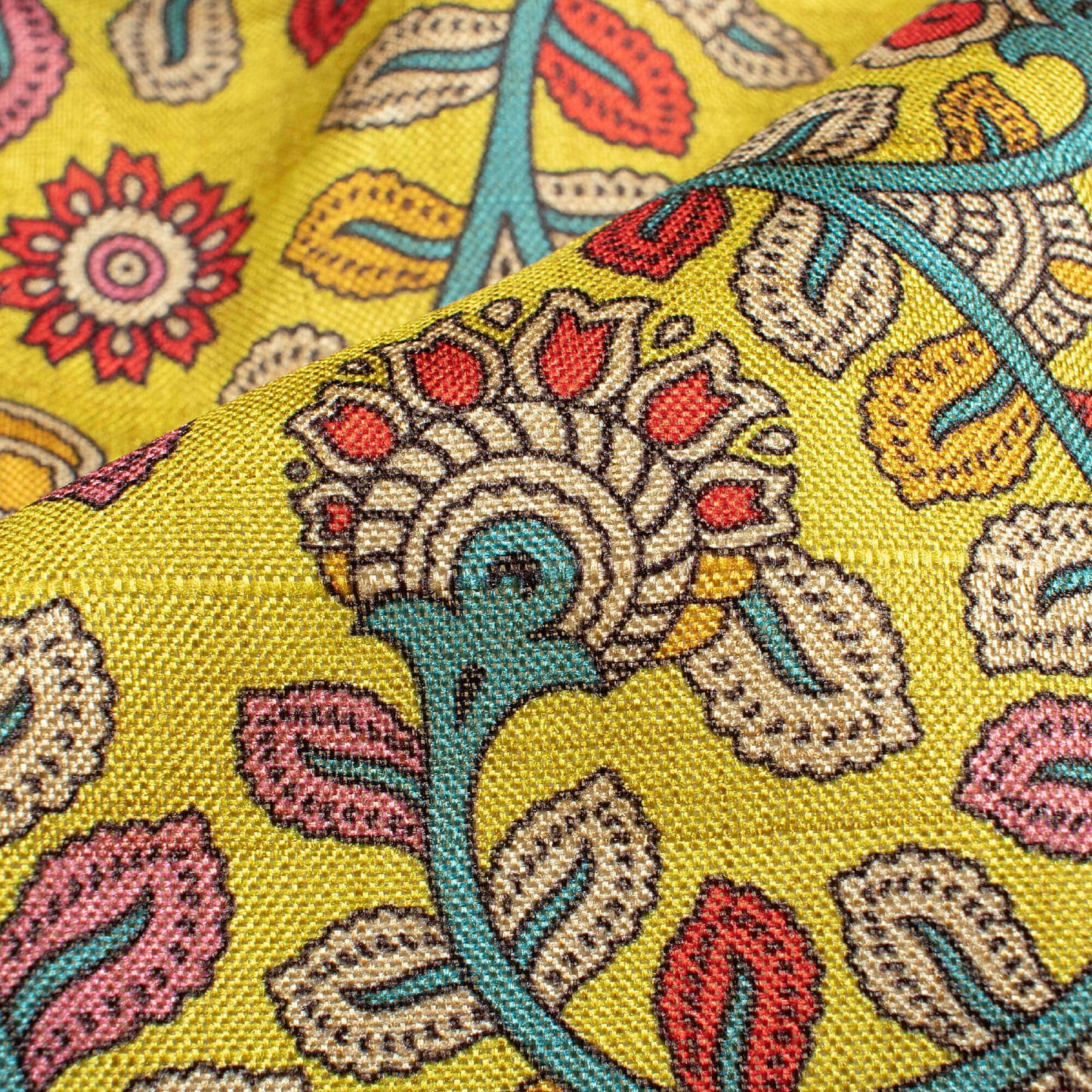 Lemon Yellow And Blood Red Kalamkrii Pattern Digital Print Art Tusser Silk Fabric