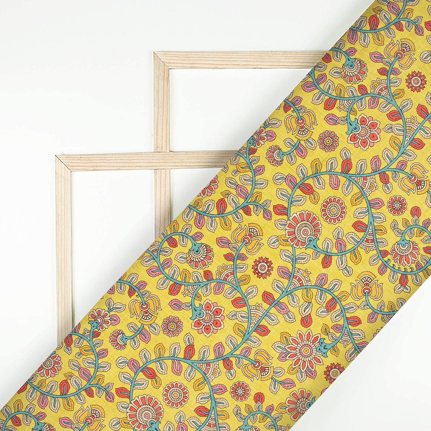 Lemon Yellow And Blood Red Kalamkrii Pattern Digital Print Art Tusser Silk Fabric