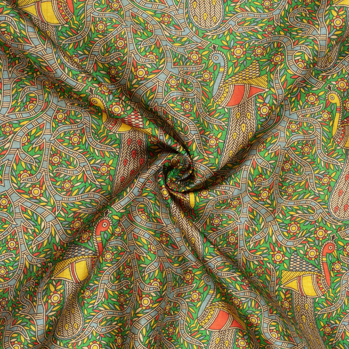 Forest Green And Red Madhubani Pattern Digital Print Art Tusser Silk Fabric