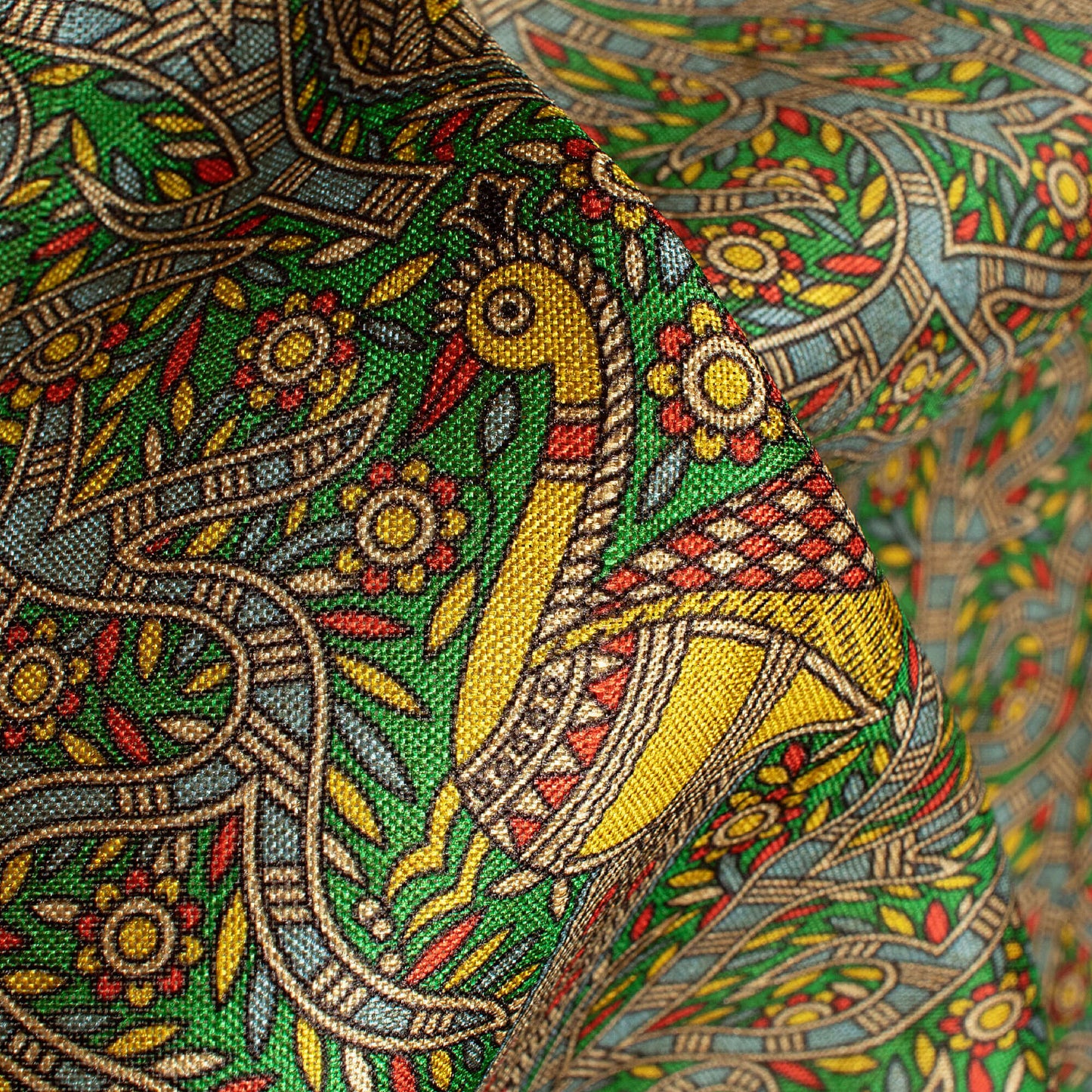 Forest Green And Red Madhuvanii Pattern Digital Print Art Tusser Silk Fabric