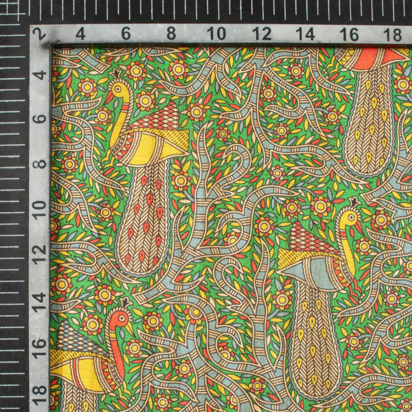 Forest Green And Red Madhubani Pattern Digital Print Art Tusser Silk Fabric