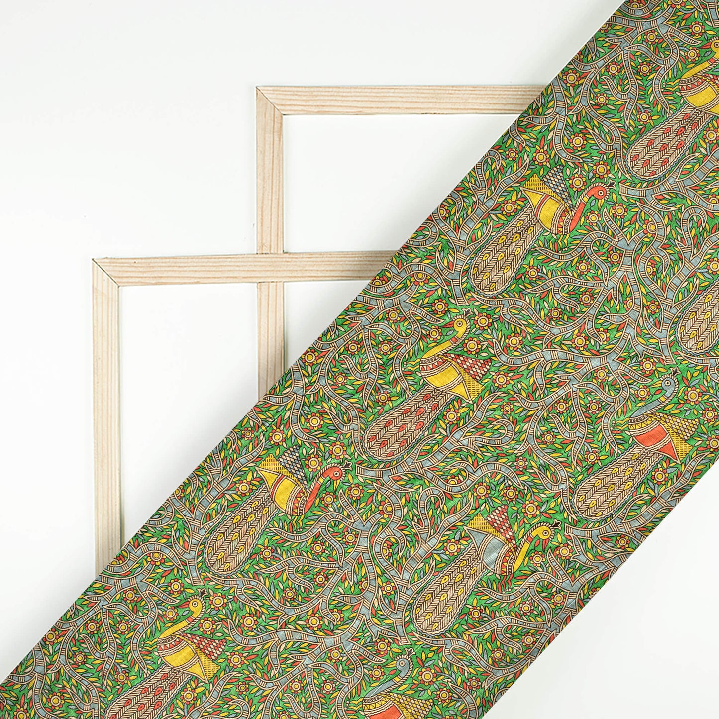 Forest Green And Red Madhuvanii Pattern Digital Print Art Tusser Silk Fabric
