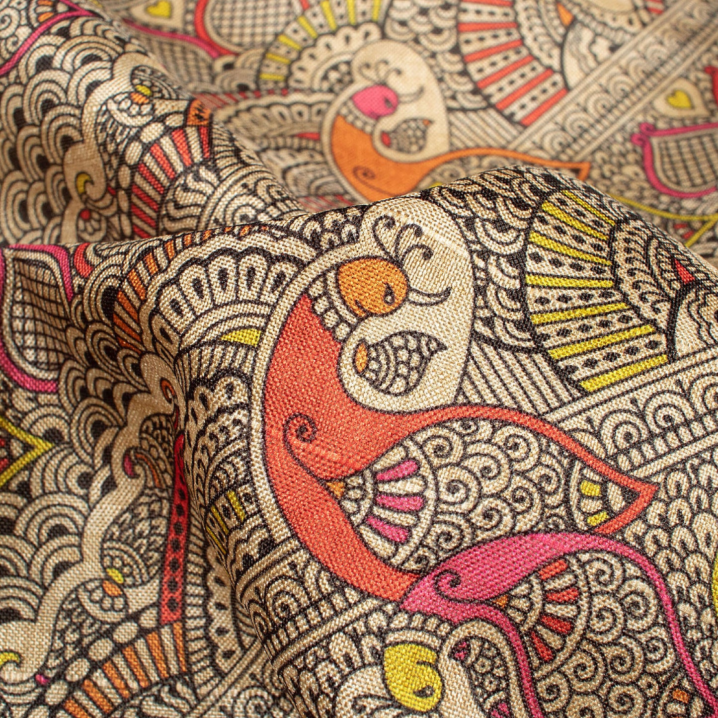 Off White And Black Madhubani Pattern Digital Print Art Tusser Silk Fabric
