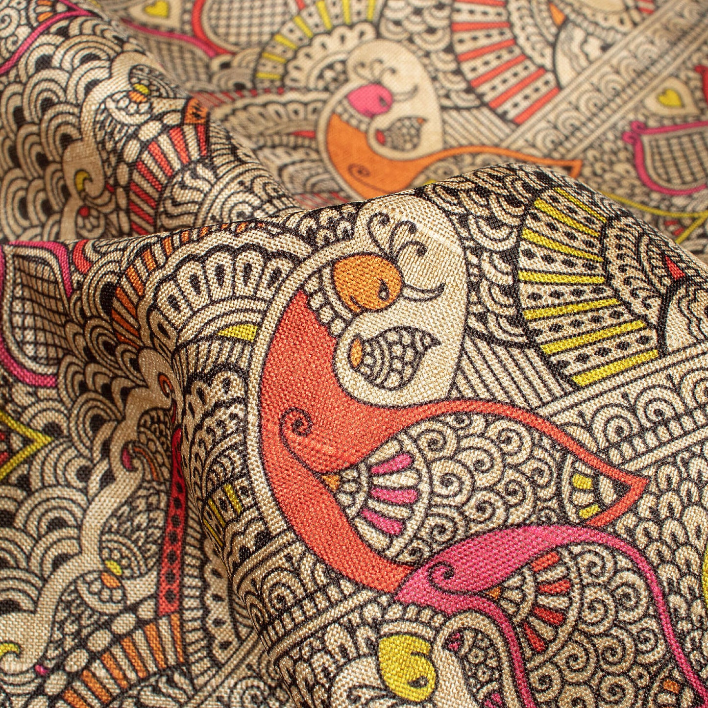 Off White And Black Madhuvanii Pattern Digital Print Art Tusser Silk Fabric