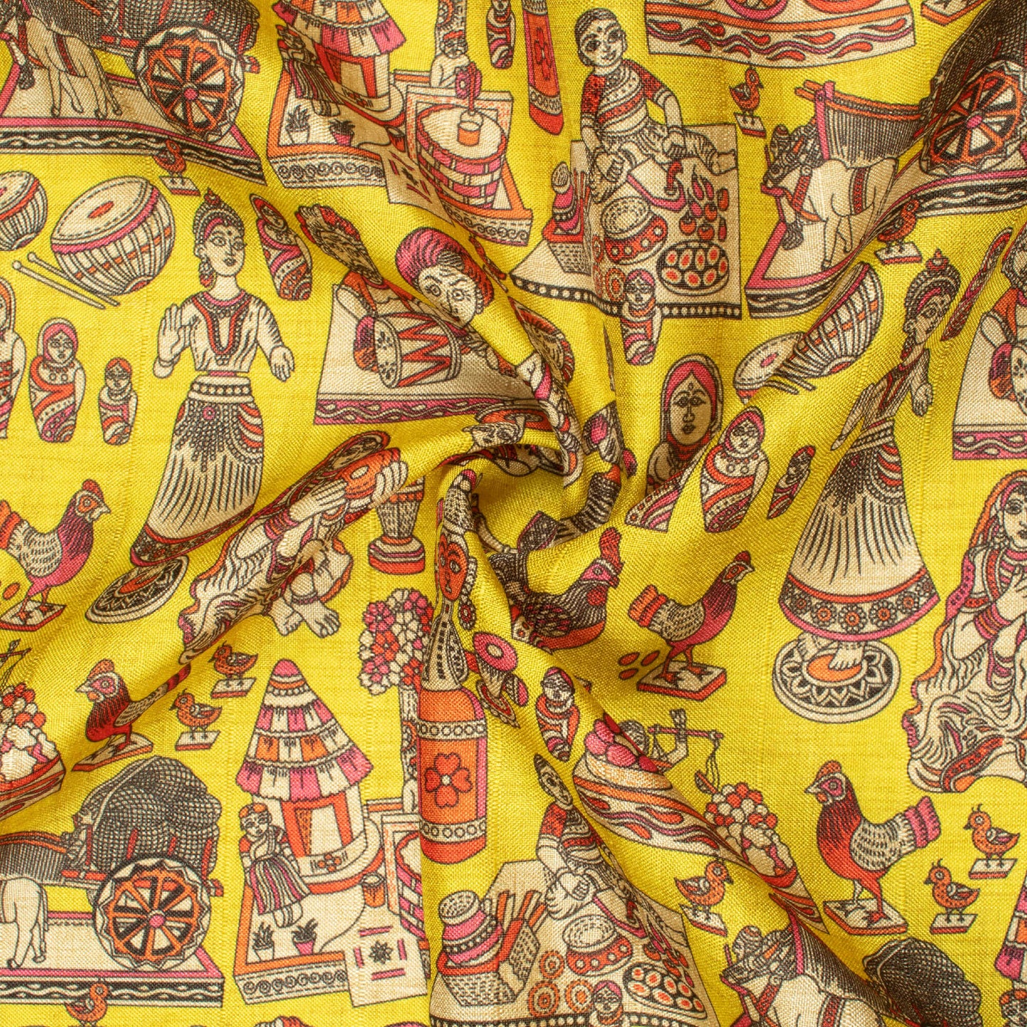 Bumblebee Yellow And Hot Pink Madhuvanii Pattern Digital Print Art Tusser Silk Fabric