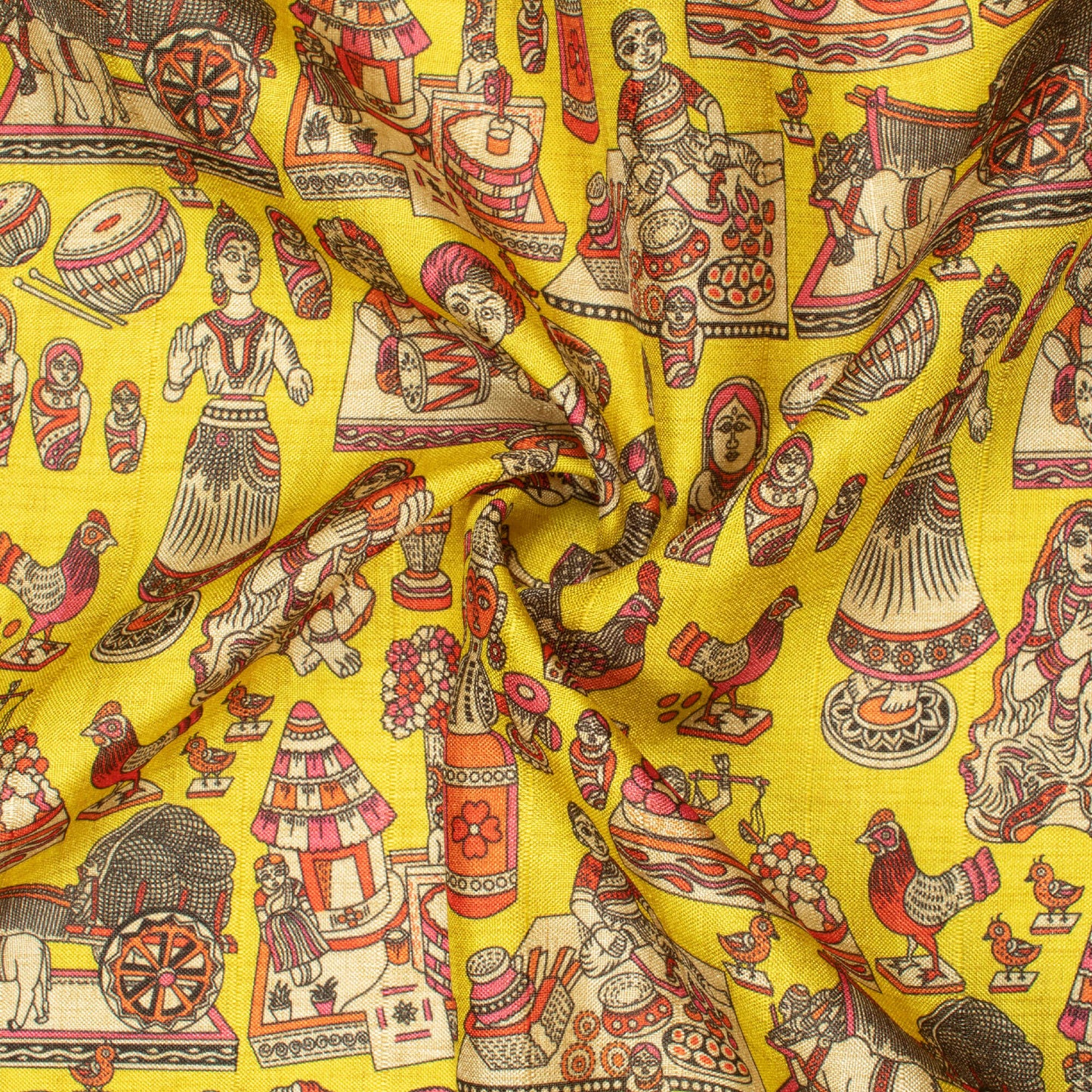 Bumblebee Yellow And Hot Pink Madhubani Pattern Digital Print Art Tusser Silk Fabric