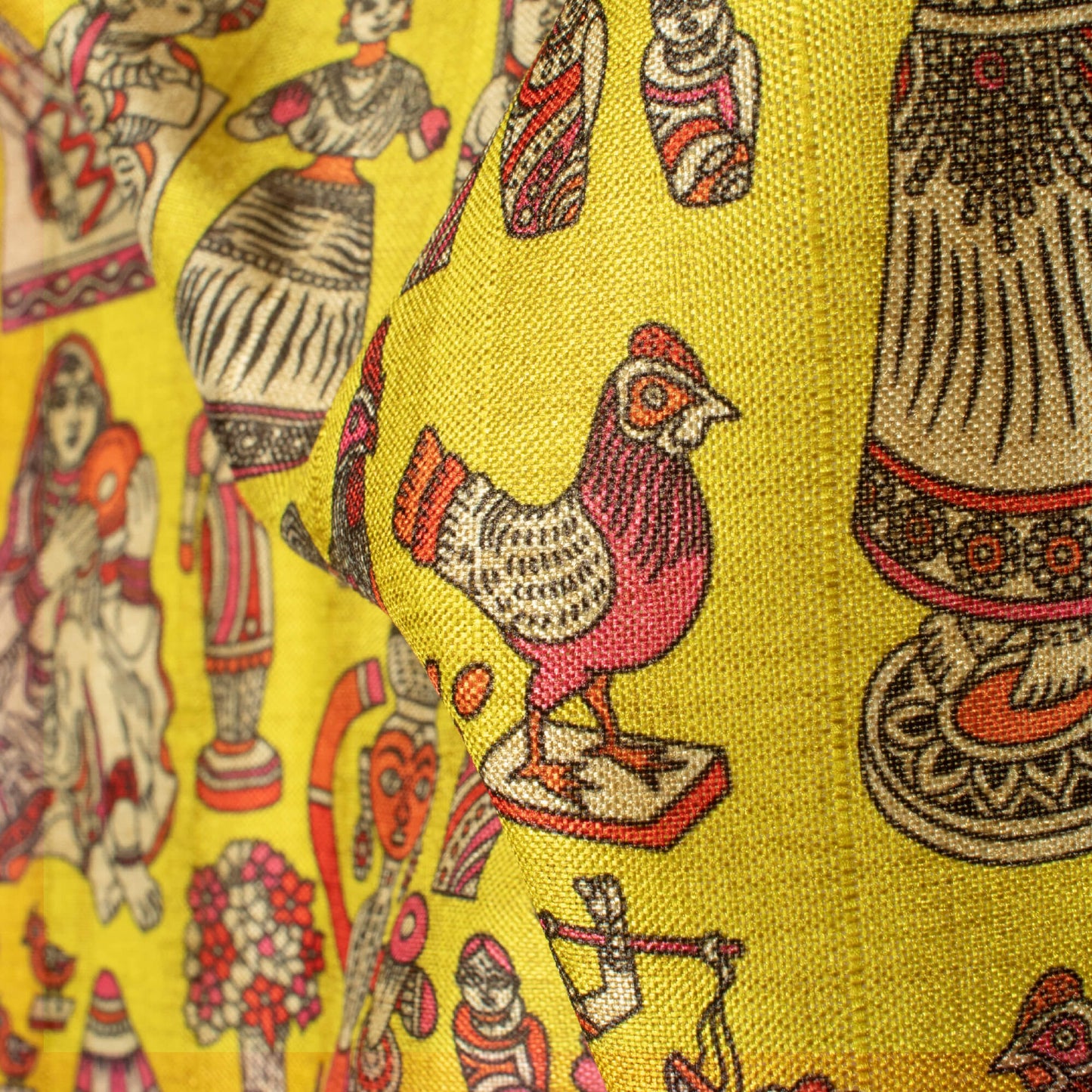 Bumblebee Yellow And Hot Pink Madhuvanii Pattern Digital Print Art Tusser Silk Fabric