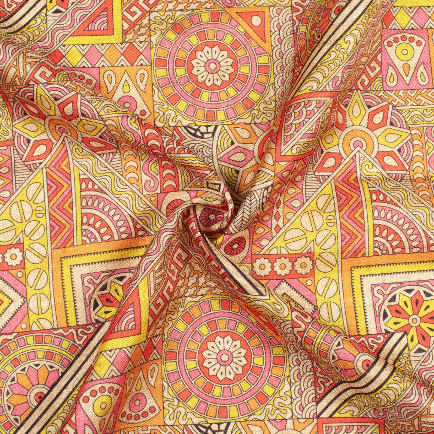 Hot Pink And Bumblebee Yellow Madhubani Pattern Digital Print Art Tusser Silk Fabric